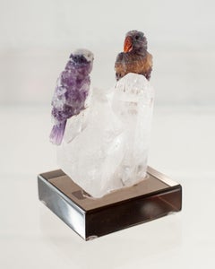 Rainbow Fluorite Parrot Pair on Clear Quartz Point Mineral Base