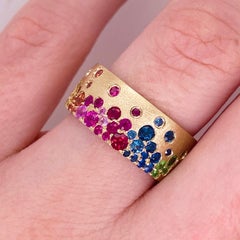 Rainbow Galaxy Confetti Cigar Band, 8.5mm 14K Yellow Gold, Genuine Gemstones