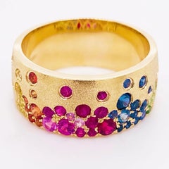 Rainbow Galaxy Confetti Cigar Band, 8.5mm Wide 14K Yellow Gold Satin Finish
