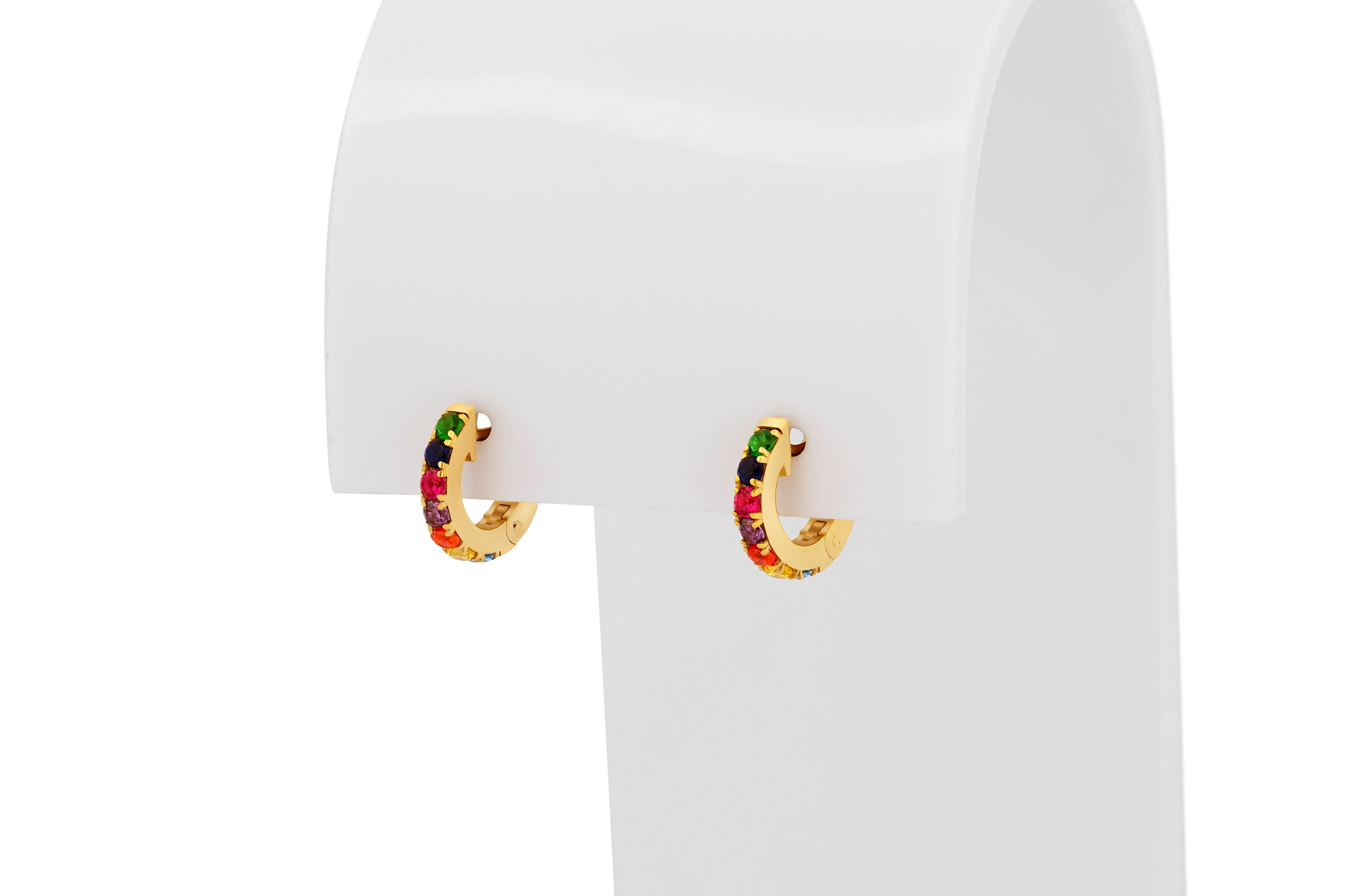 Modern  Rainbow Gemstone 14k Gold Huggy Hoop Earrings For Sale