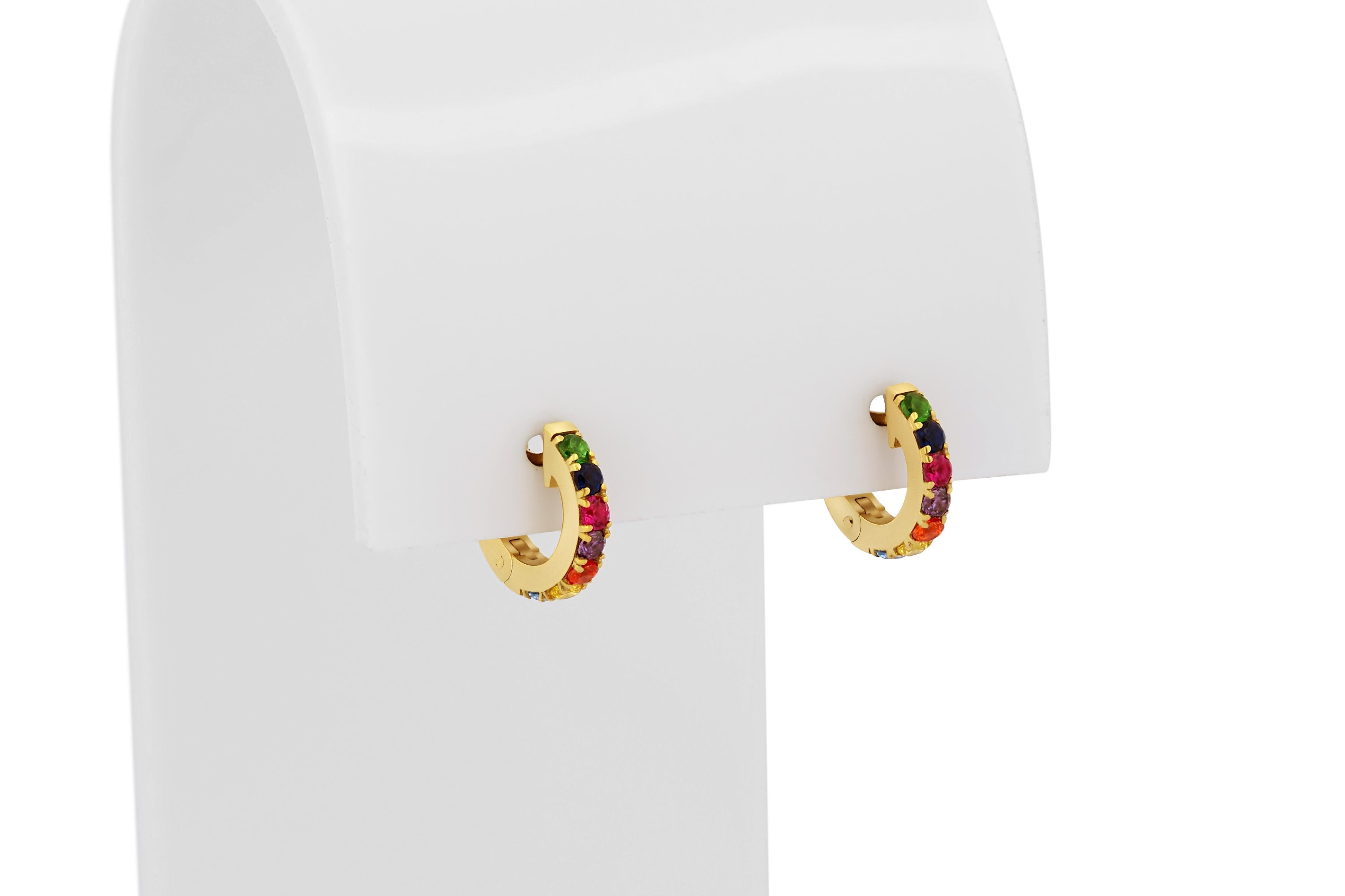 Modern Rainbow Gemstone 14k Gold Huggy Hoop Earrings. For Sale