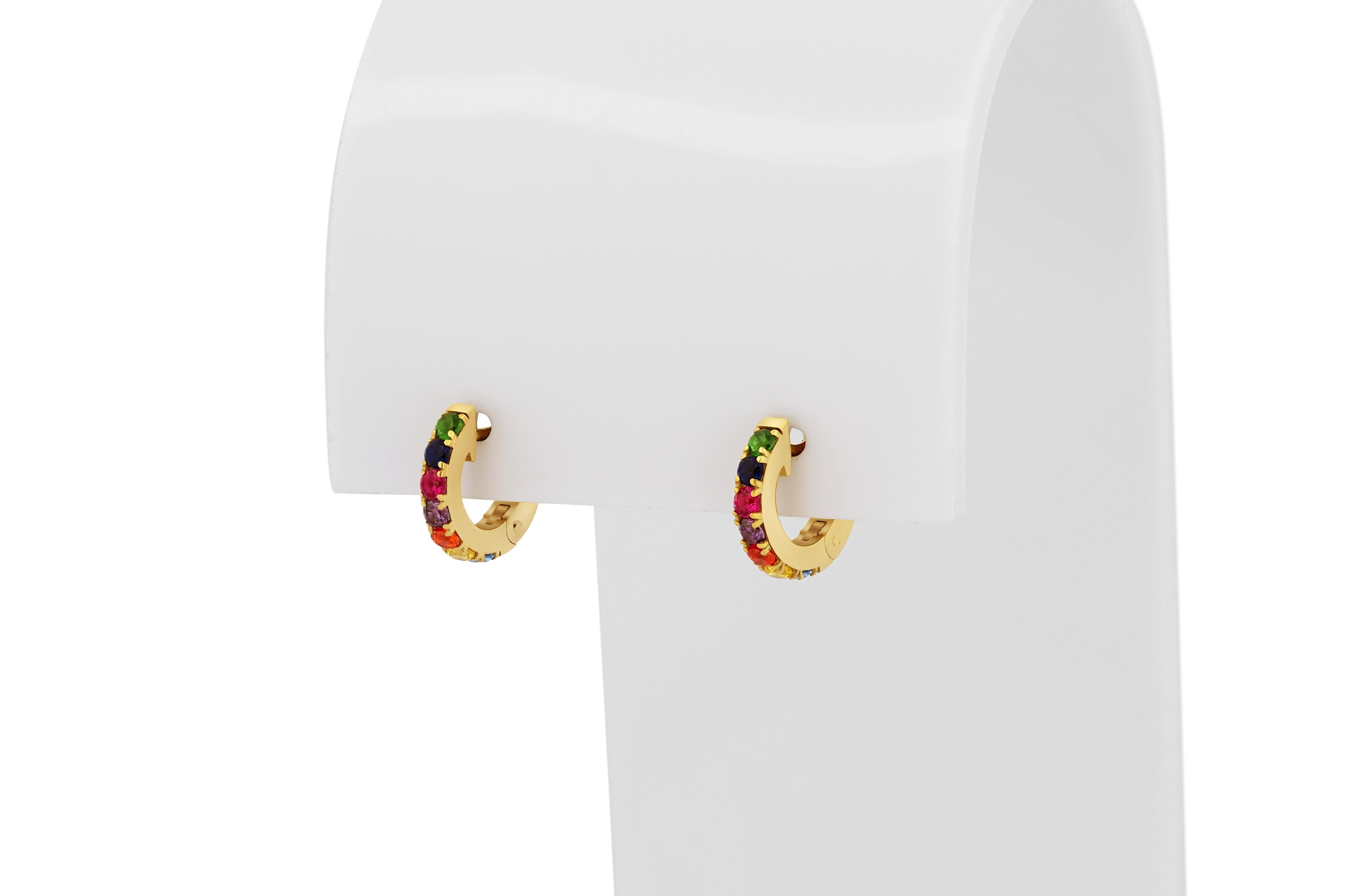 Round Cut Rainbow Gemstone 14k Gold Huggy Hoop Earrings. For Sale