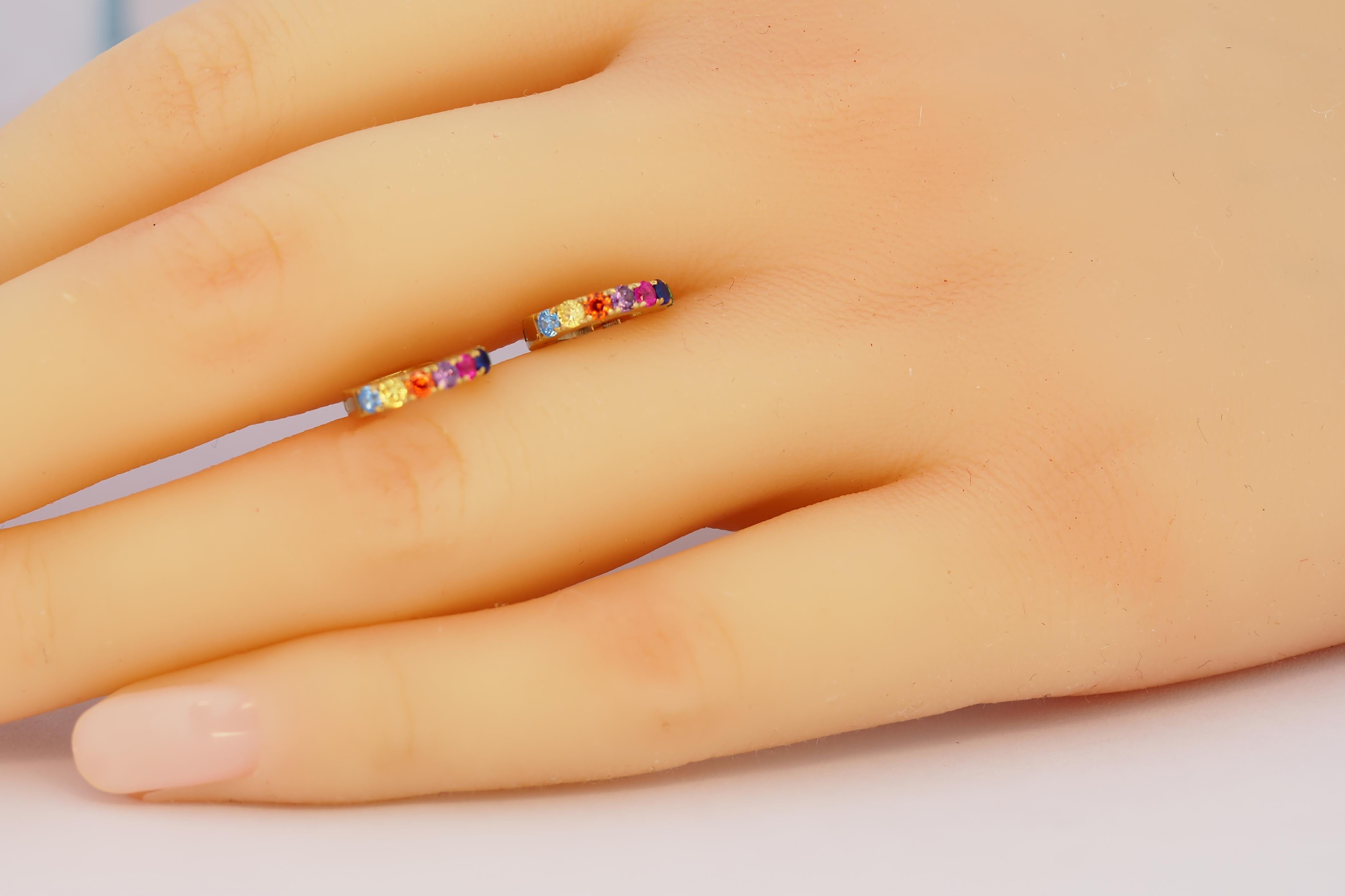 Women's Rainbow Gemstone 14k Gold Huggy Hoop Earrings. For Sale