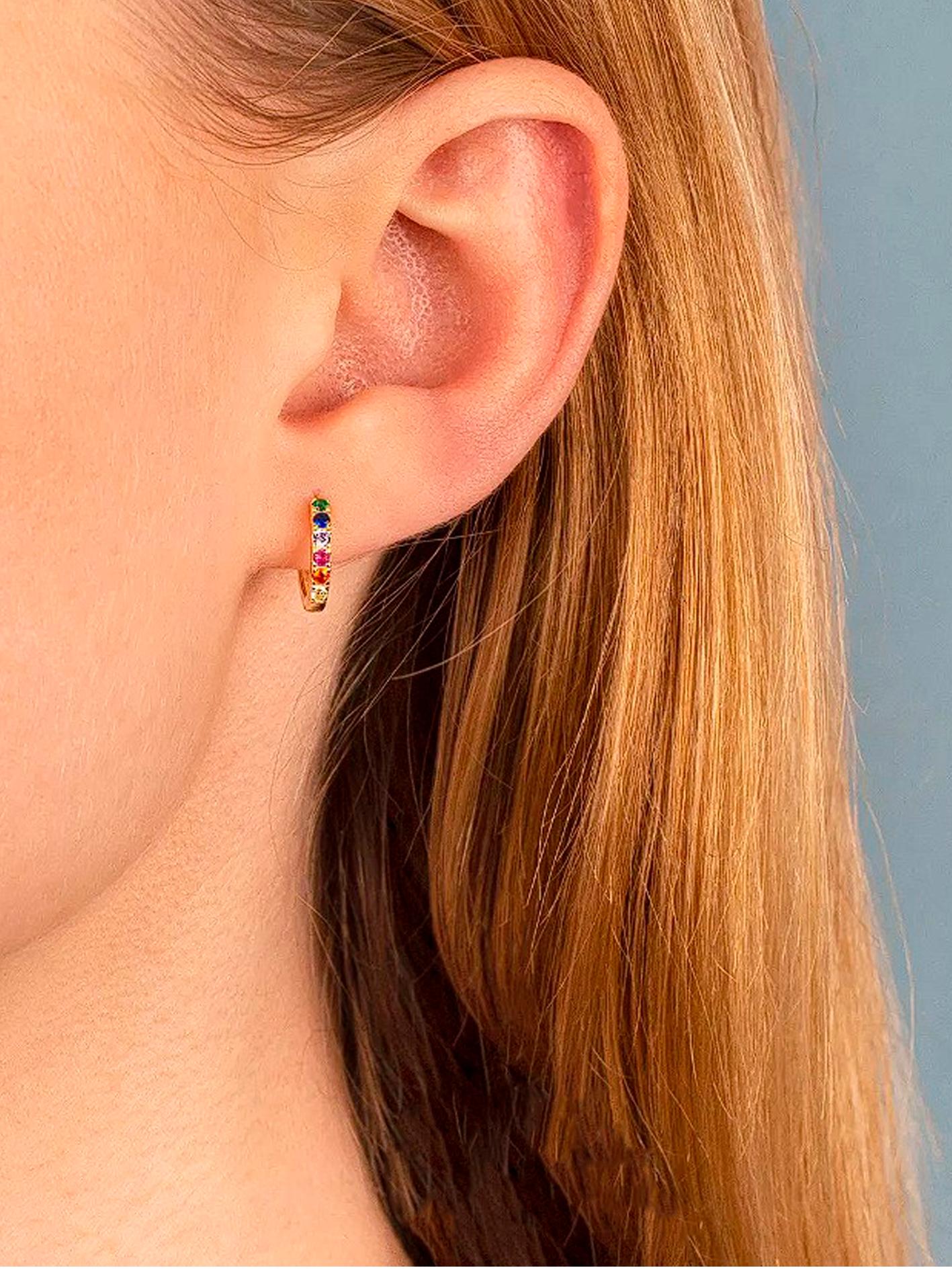  Rainbow Gemstone 14k Gold Huggy Hoop Earrings For Sale 1