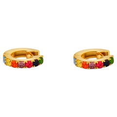 Used  Rainbow Gemstone 14k Gold Huggy Hoop Earrings