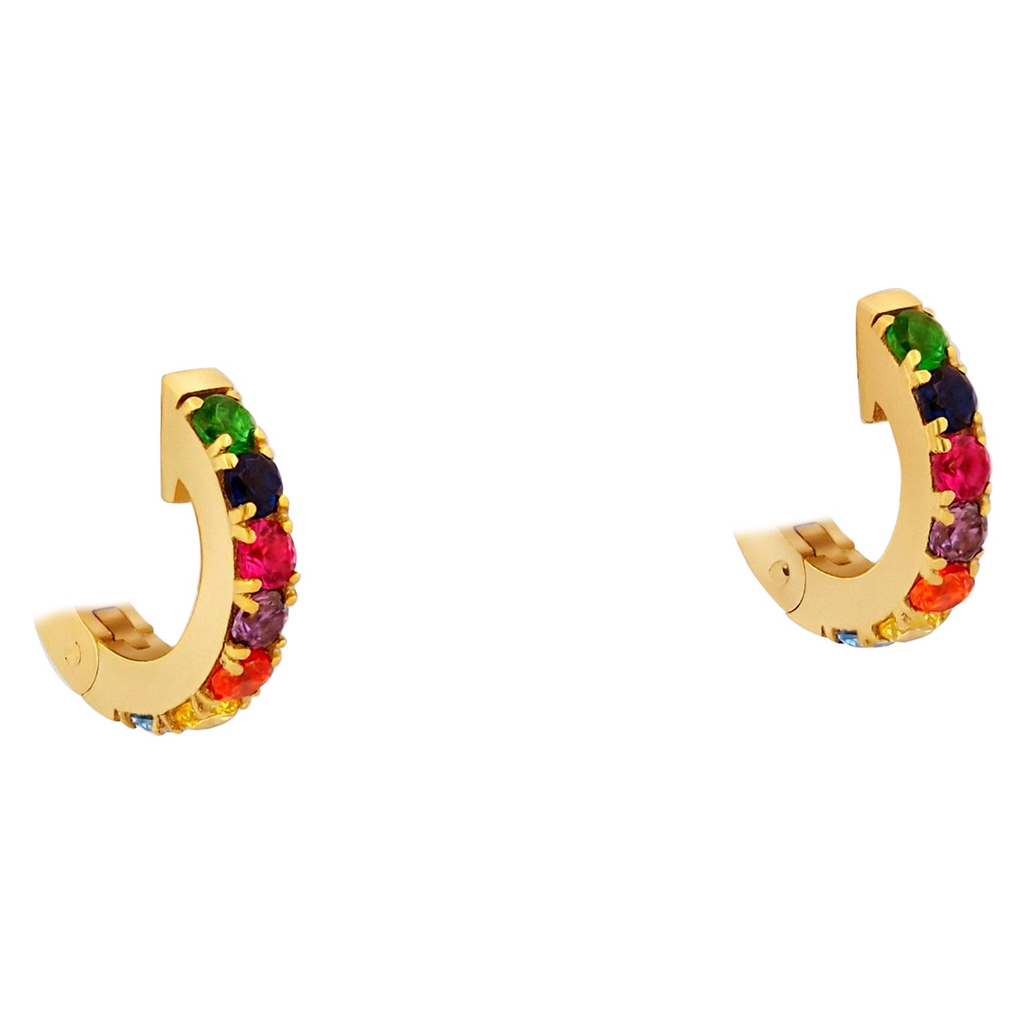  Rainbow Gemstone 14k Gold Huggy Hoop Earrings For Sale