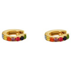 Rainbow Gemstone 14k Gold Huggy Hoop Earrings.