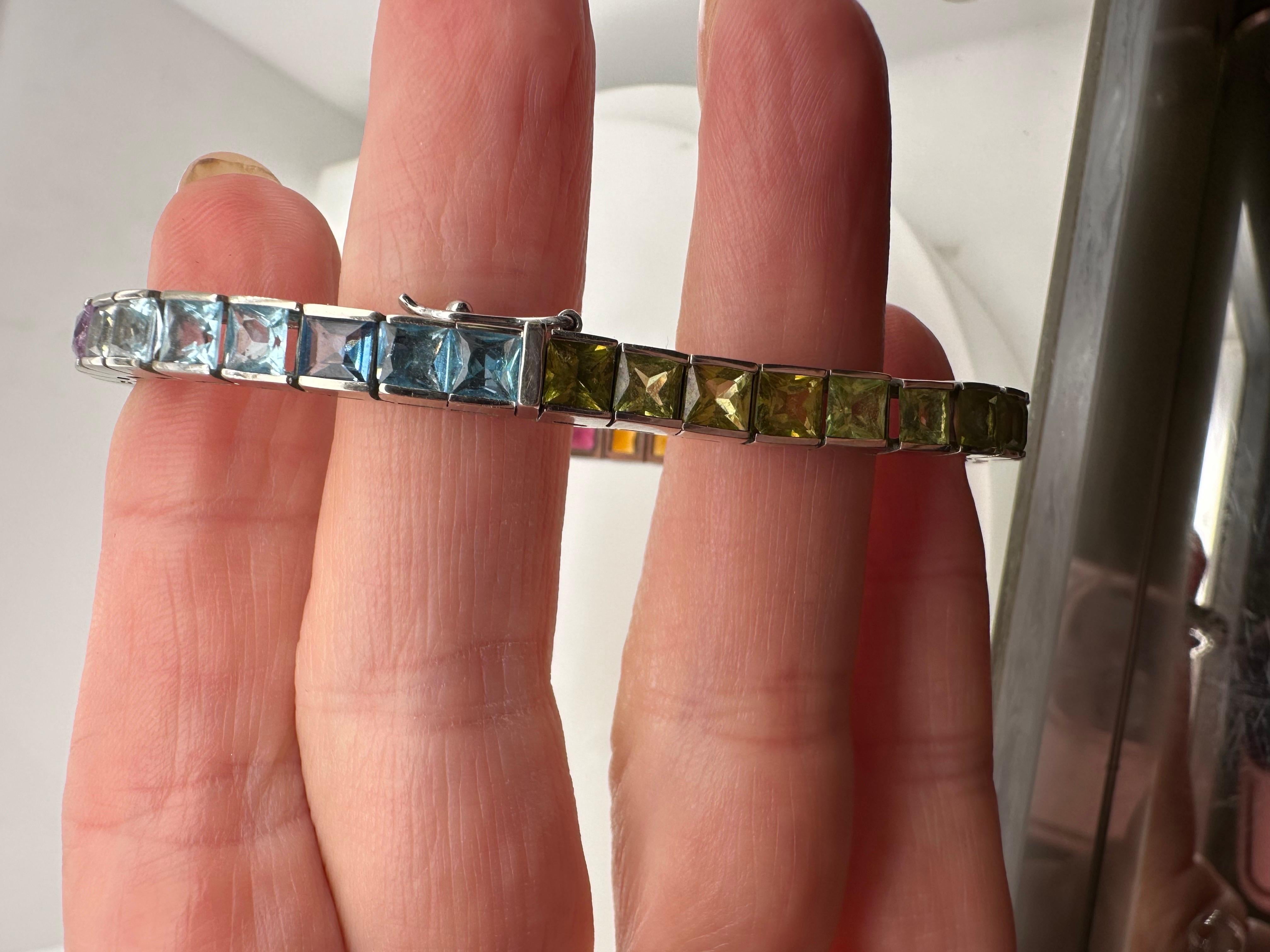 Rainbow gemstone bracelet 14KT gold tennis bracelet  For Sale 5