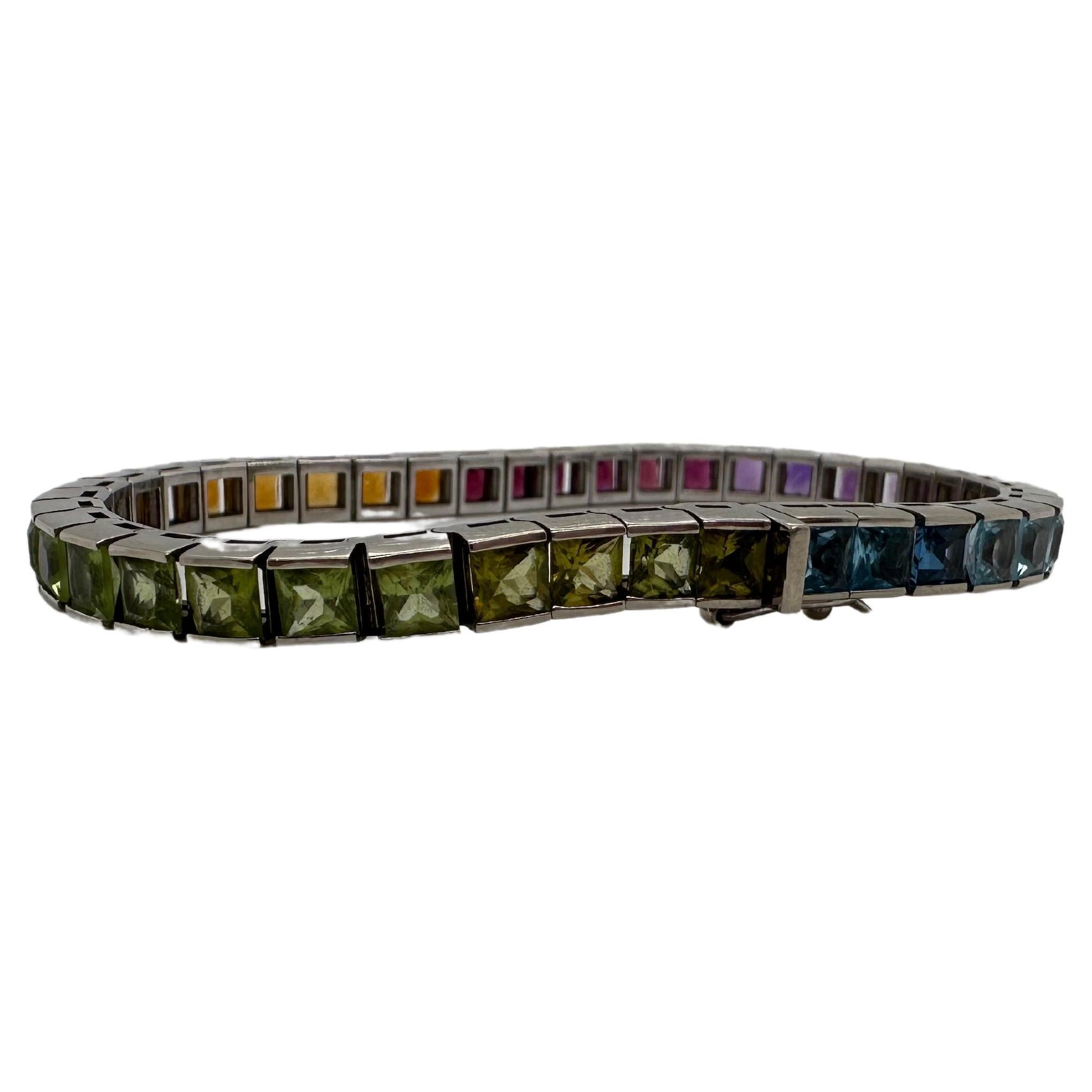 Rainbow gemstone bracelet 14KT gold tennis bracelet  For Sale