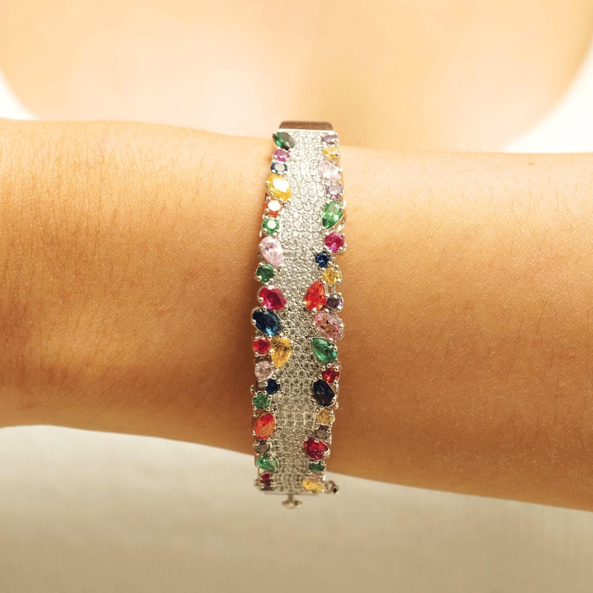 Art déco Bracelet cocktail en or massif 14k avec pierres précieuses Rainbow Diamonds (certifié) en vente