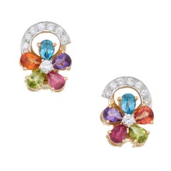 Rainbow Gemstone Diamond Flower Earrings Vintage 18 Karat Yellow Gold