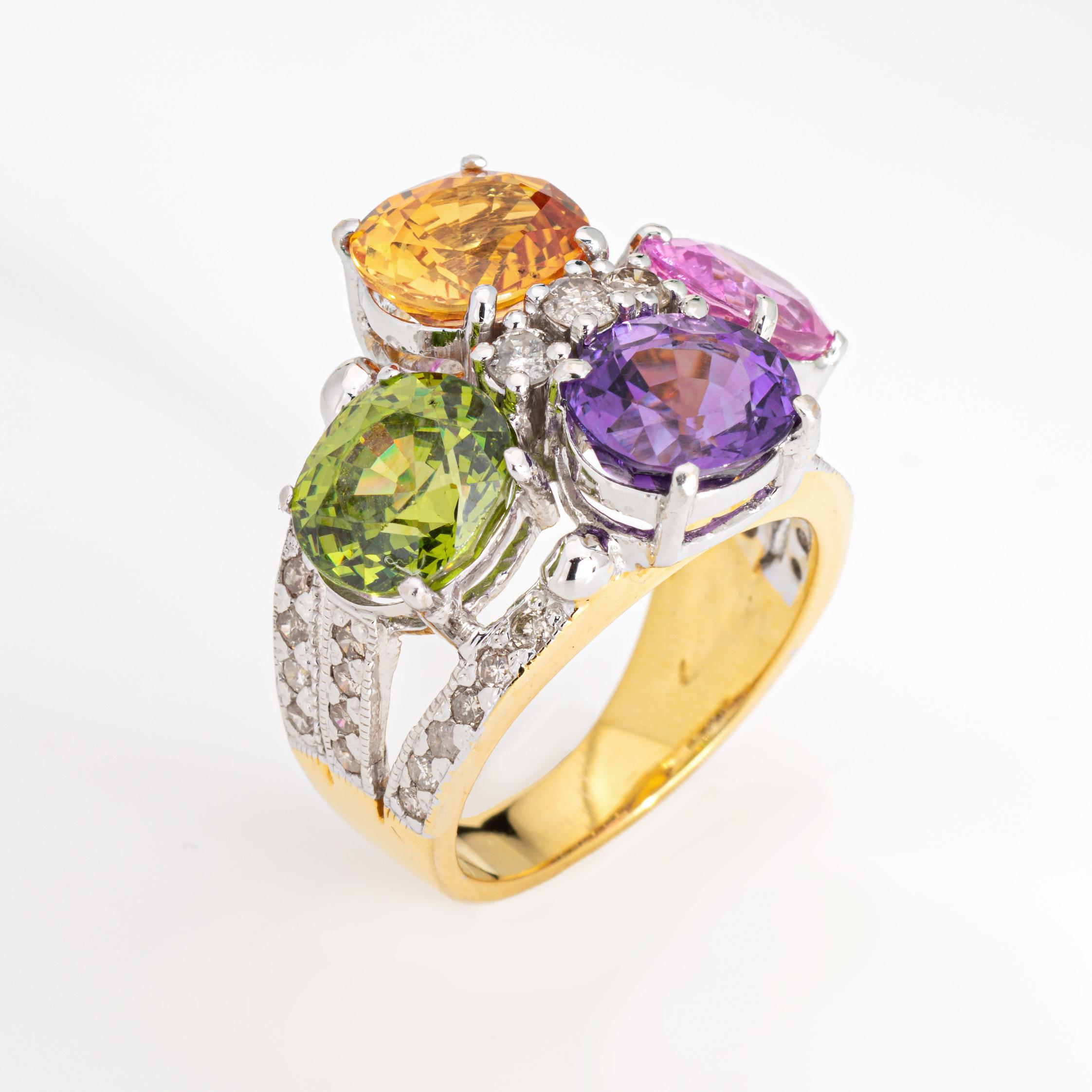 Stylish multi semi-precious gemstone cocktail ring crafted in 14 karat yellow gold. 

Citrine, amethyst, pink topaz & peridot each measure 8.5mm x 7mm. Diamonds total an estimated 0.40 carats (estimated at L-M color and SI2-I2 clarity). The stones