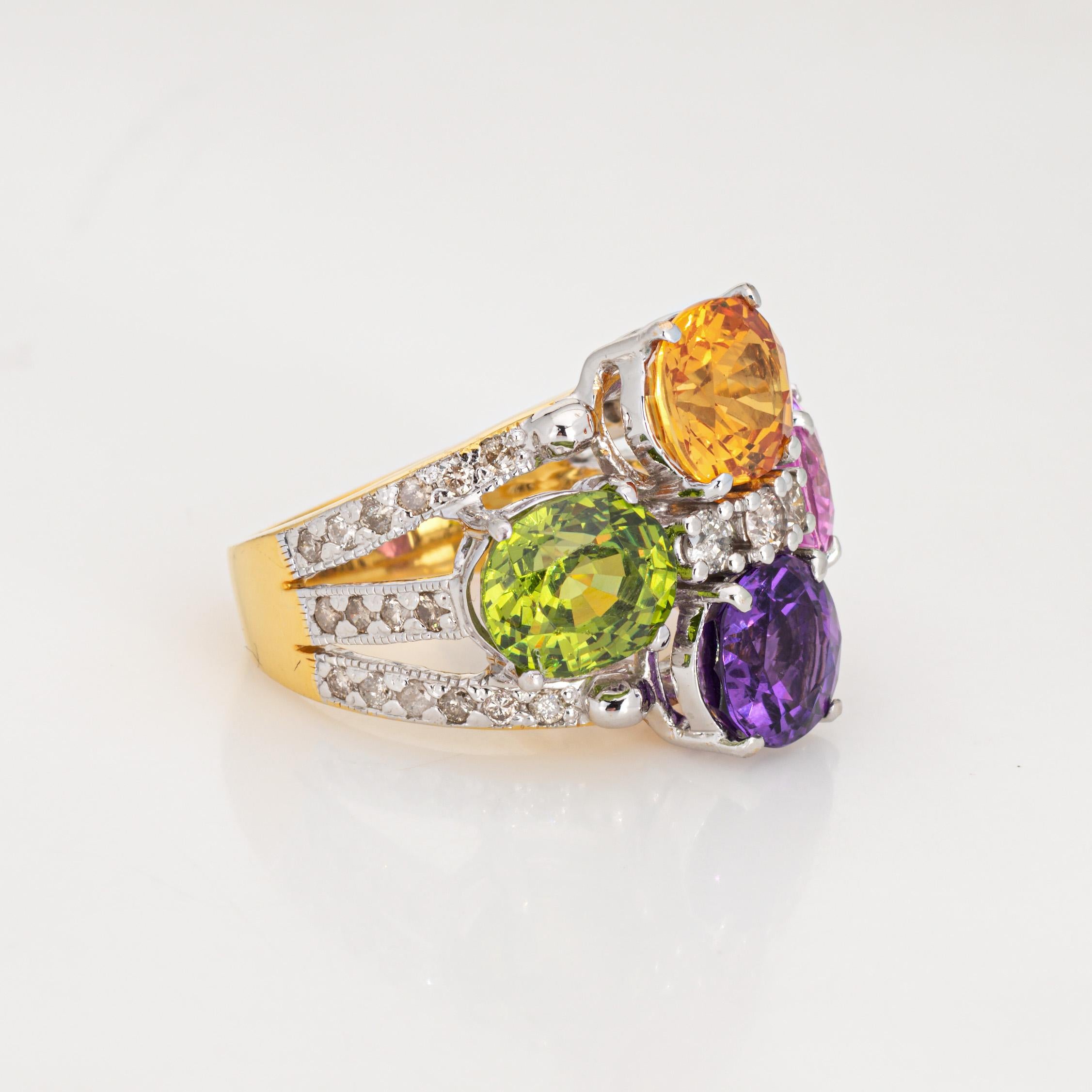 Modern Rainbow Gemstone Diamond Ring Estate 14k Yellow Gold Multi Cocktail Ring Sz 5.5 For Sale