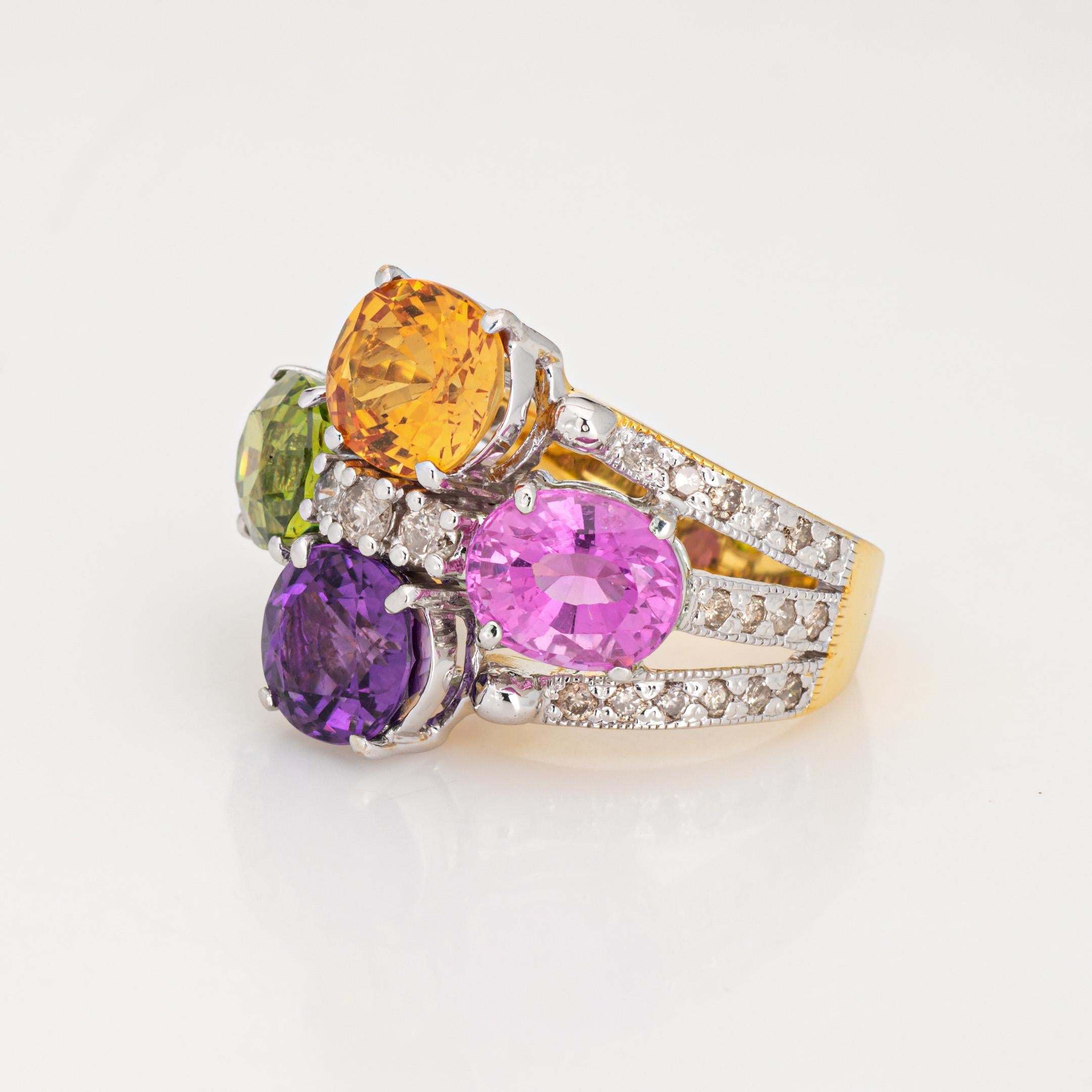 Oval Cut Rainbow Gemstone Diamond Ring Estate 14k Yellow Gold Multi Cocktail Ring Sz 5.5 For Sale