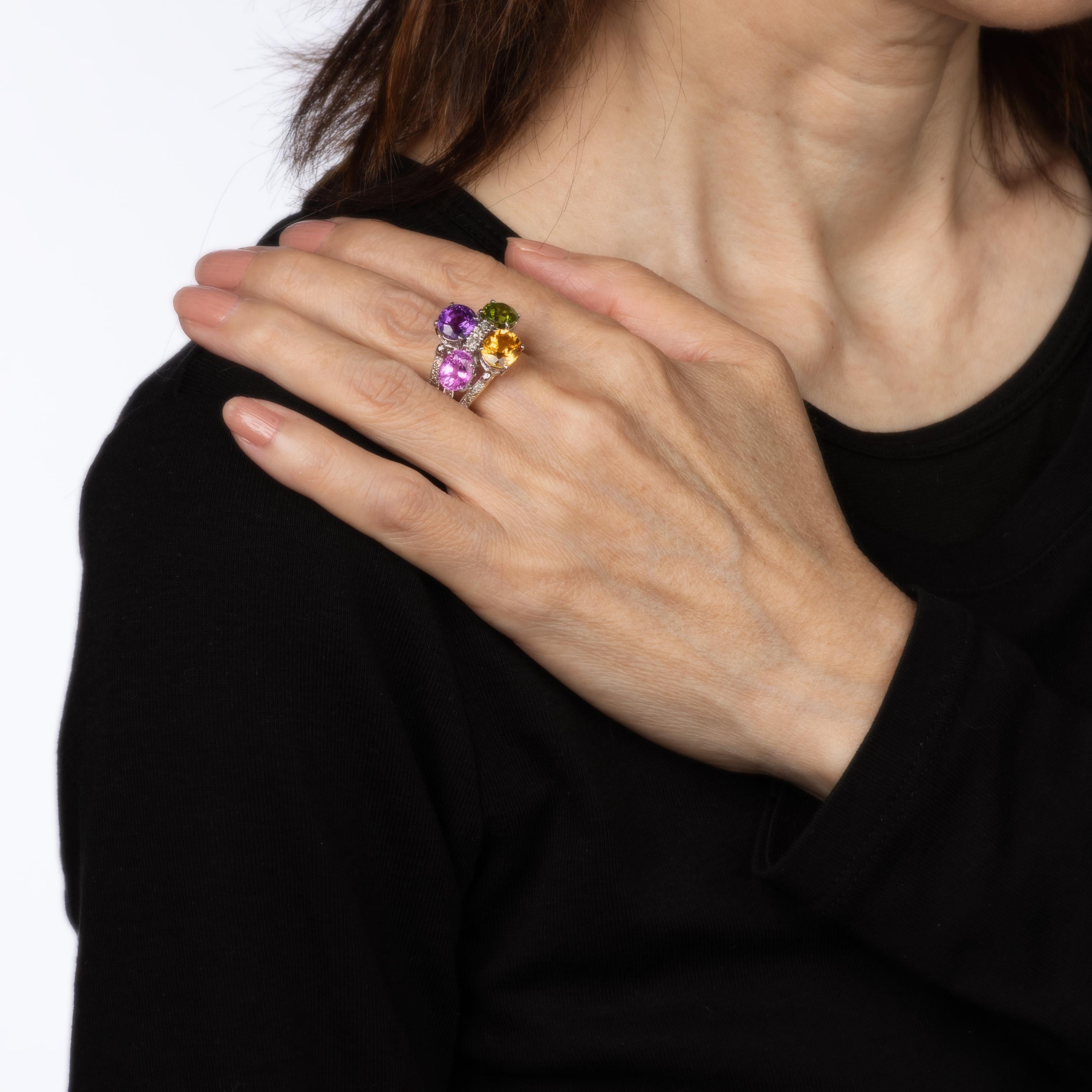 Women's Rainbow Gemstone Diamond Ring Estate 14k Yellow Gold Multi Cocktail Ring Sz 5.5 For Sale