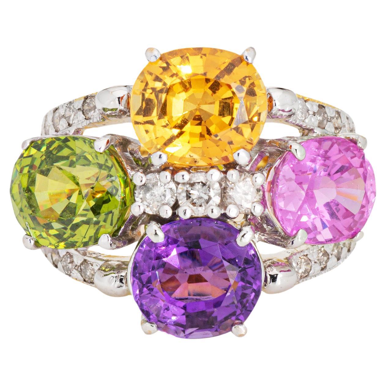 Bague cocktail multi-gemmes arc-en-ciel de succession en or jaune 14 carats, taille 5,5