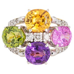 Vintage Rainbow Gemstone Diamond Ring Estate 14k Yellow Gold Multi Cocktail Ring Sz 5.5