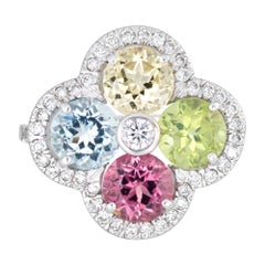 Rainbow Gemstone Diamond Ring Estate 18 Karat White Gold Quatrefoil Fine Jewelry