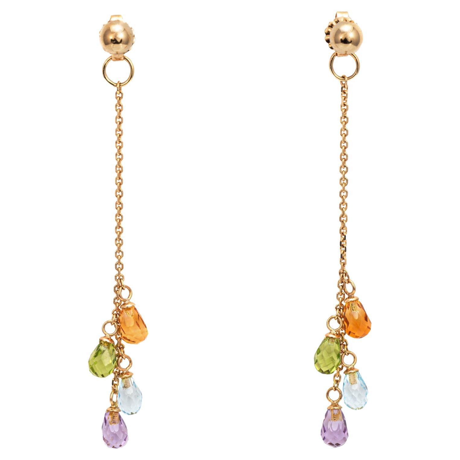 Rainbow Gemstone Earrings 2.5" Drops Estate 14k Yellow Gold Briolette Jewelry For Sale