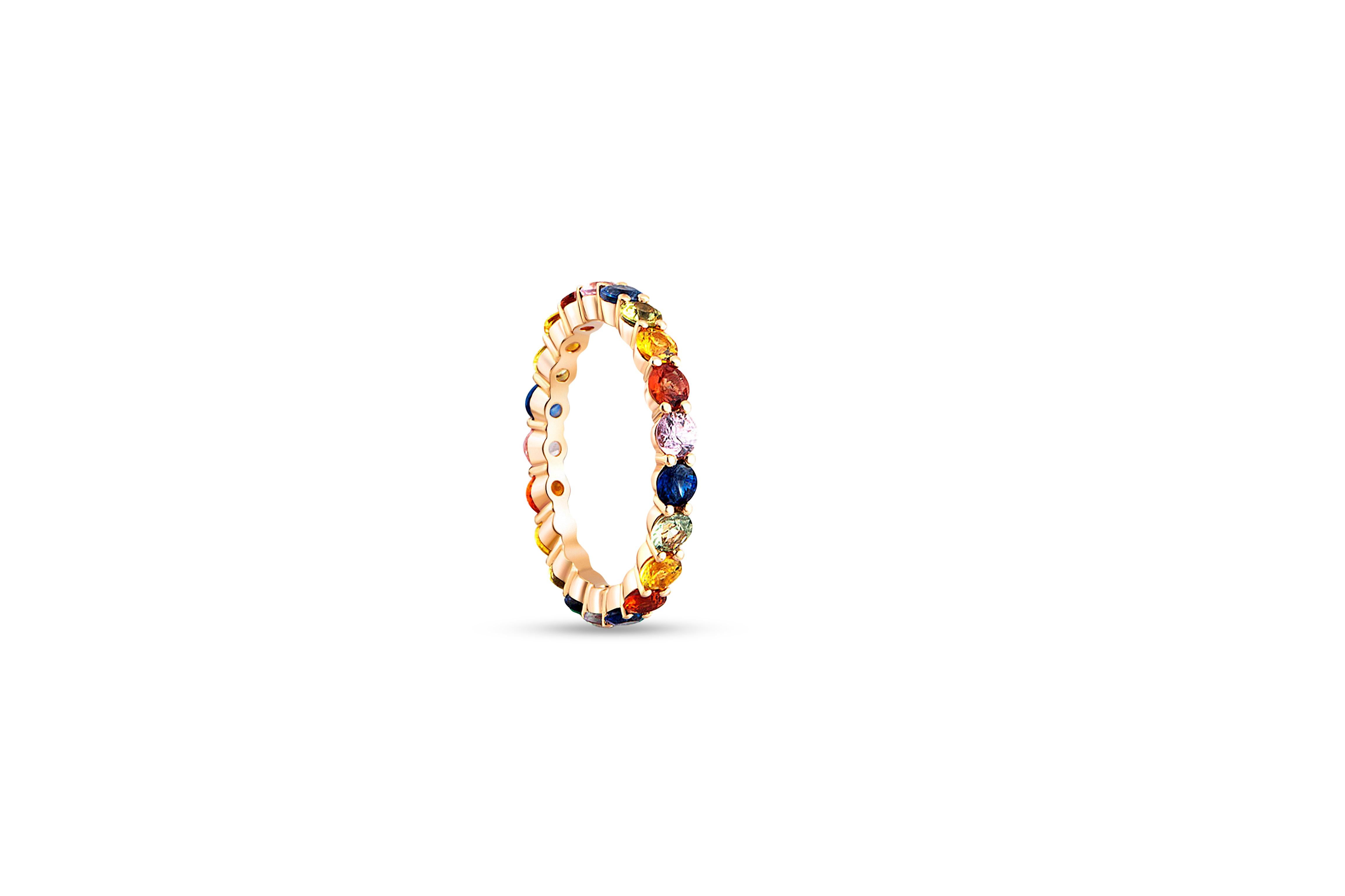 Modern Rainbow Gemstone Eternity 14k gold Ring Band For Sale