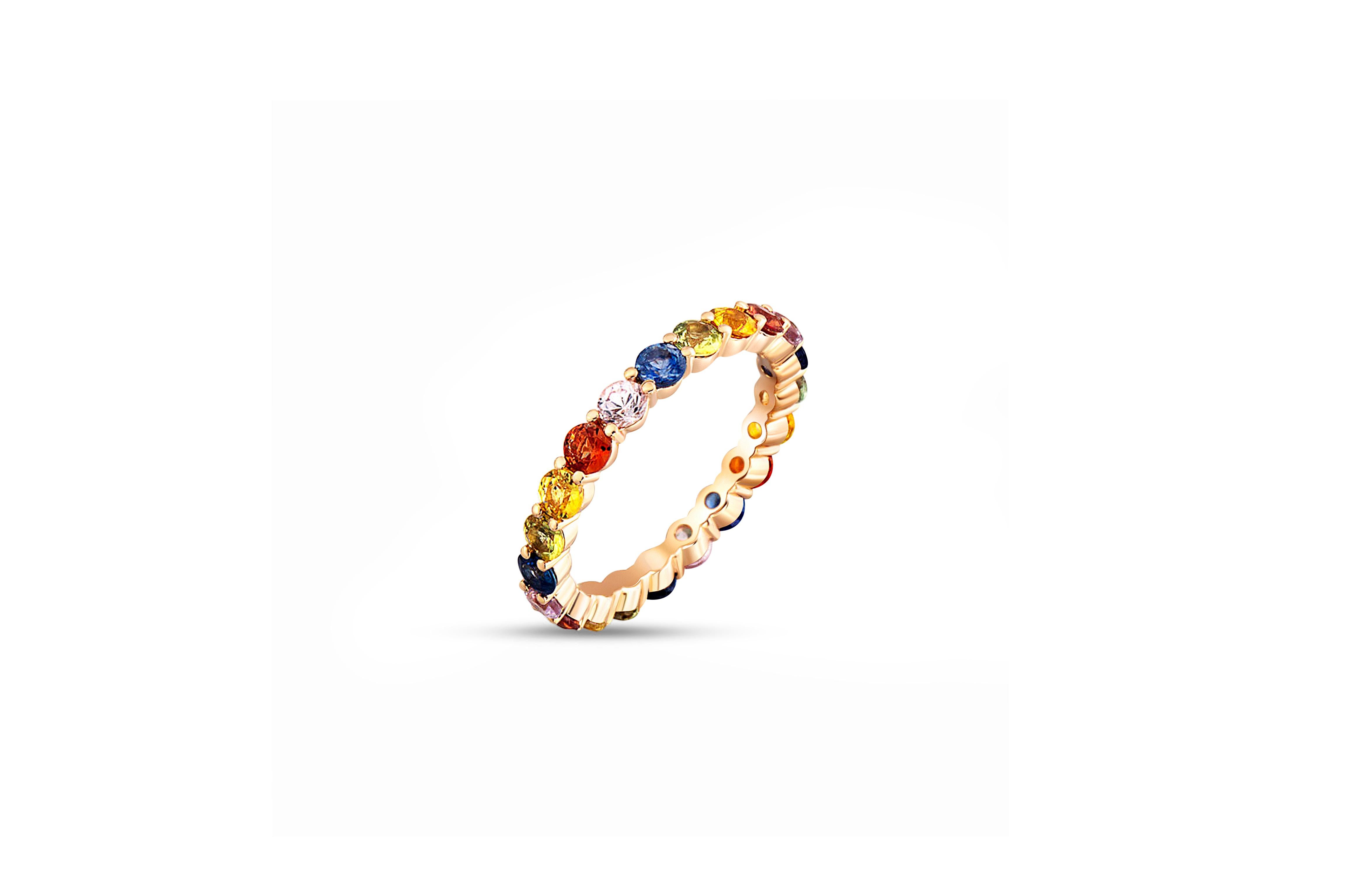 Rainbow Gemstone Eternity 14k gold Ring Band In New Condition For Sale In Istanbul, TR