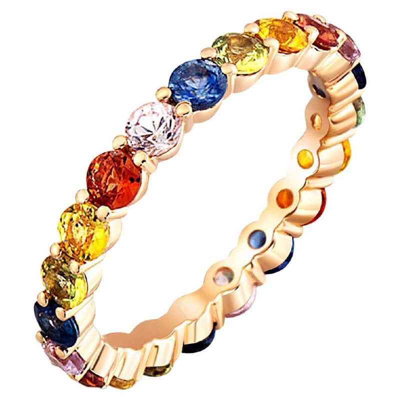 Customizable Rainbow Stackable 2mm Band 14K Gold 0.50cts Multi Gemstone ...