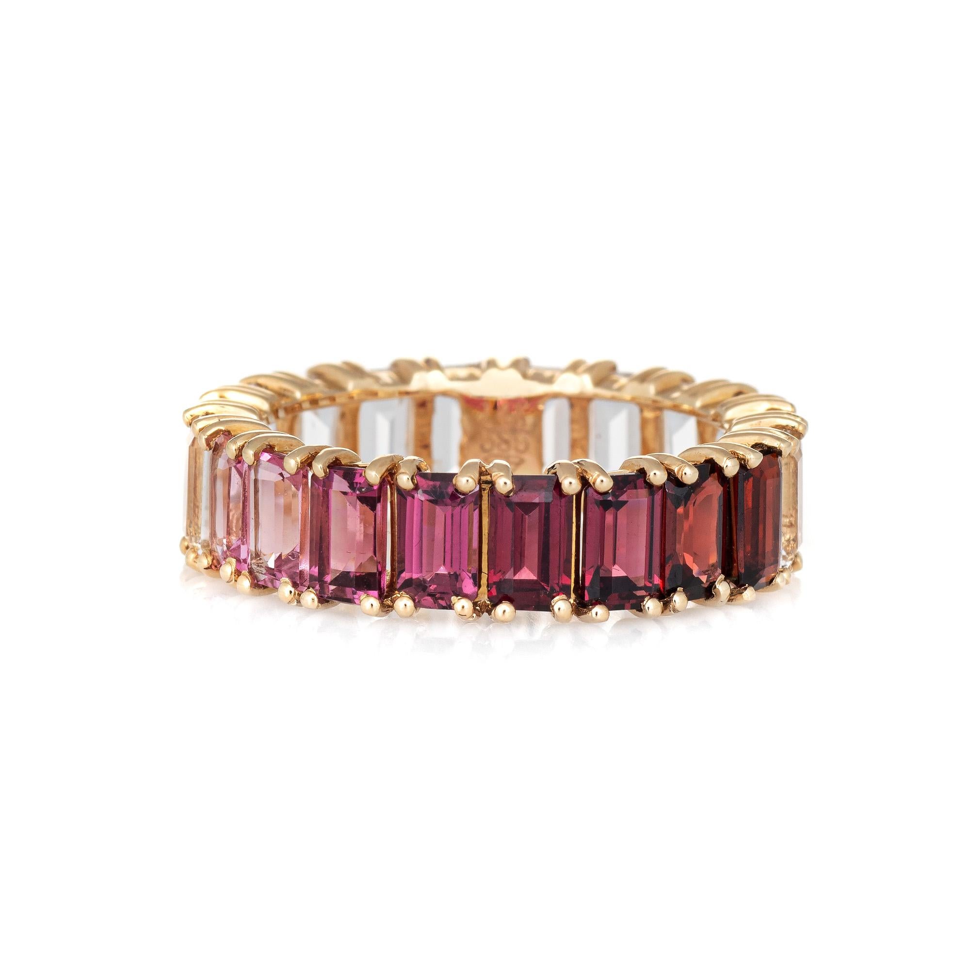 Elegant estate rainbow semi precious gemstone eternity band crafted in 14 karat yellow gold. 

20 emerald cut stones (white topaz, garnet & pink tourmaline) are estimated at 0.50 carats each, totaling an estimated 10 carats. The stones are in