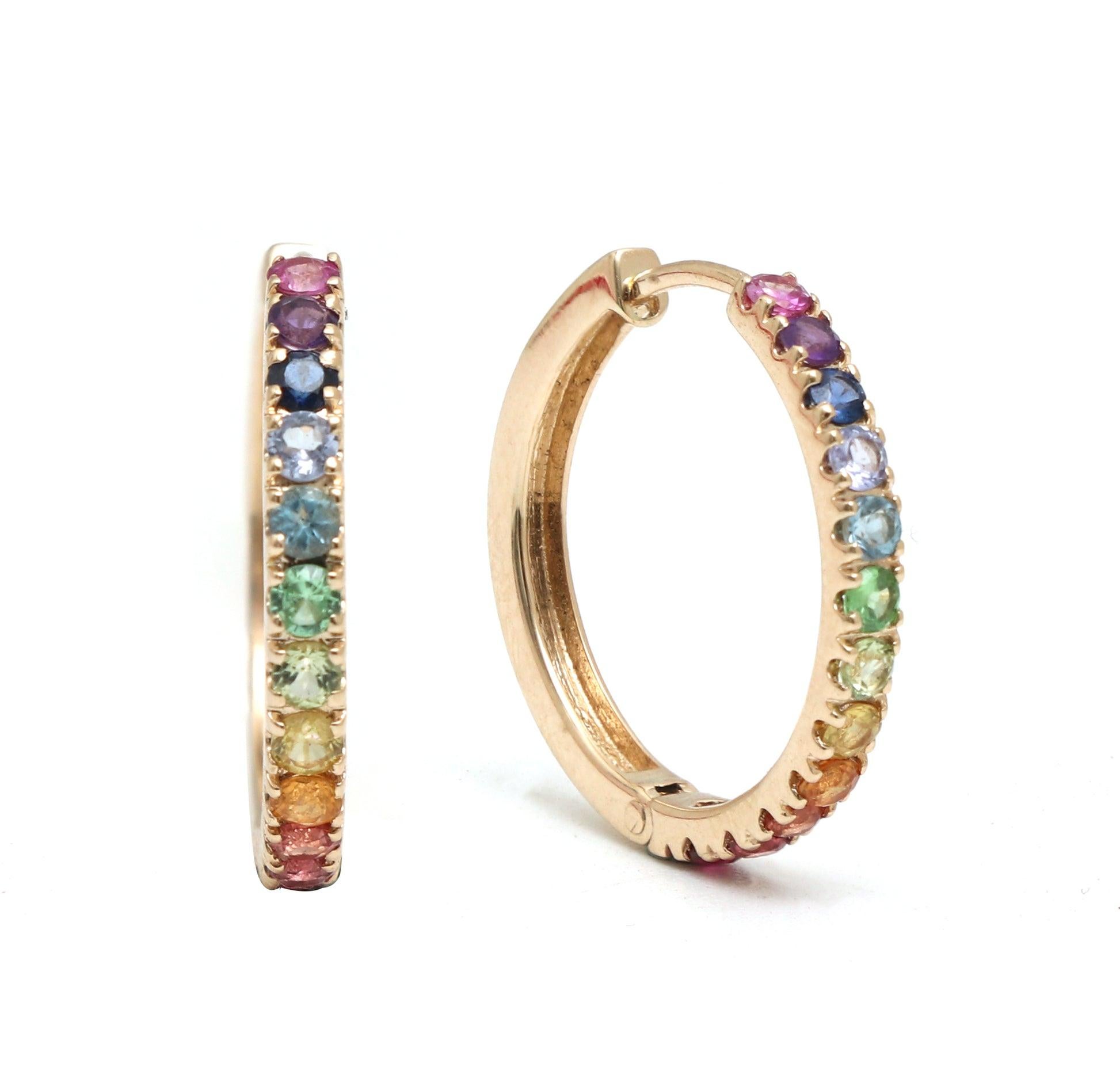 Rainbow Gemstone Mini Hoops in 18k Gold In New Condition In jaipur, IN
