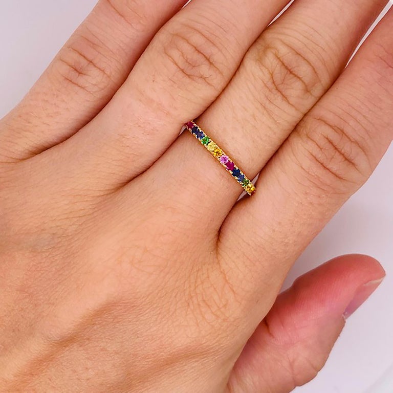 For Sale:  Rainbow Gemstone Ring 14K Gold Multicolor Stackable Band Sapphires & More 2