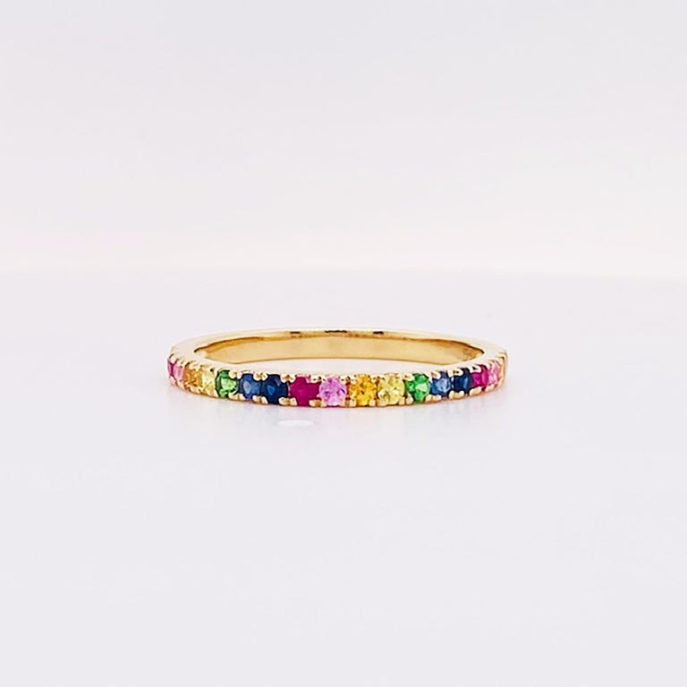 For Sale:  Rainbow Gemstone Ring 14K Gold Multicolor Stackable Band Sapphires & More 3