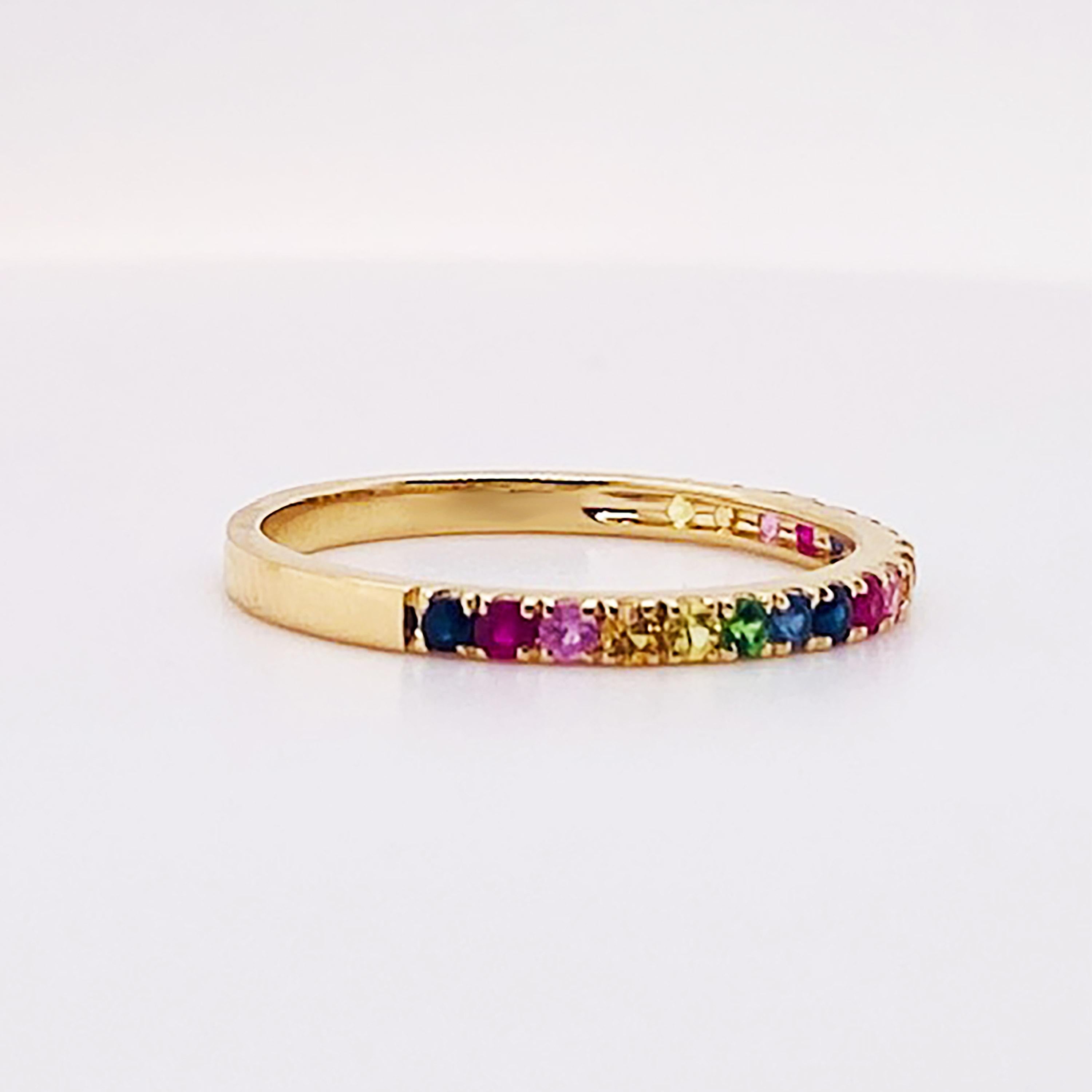 For Sale:  Rainbow Gemstone Ring 14K Gold Multicolor Stackable Band Sapphires & More 4