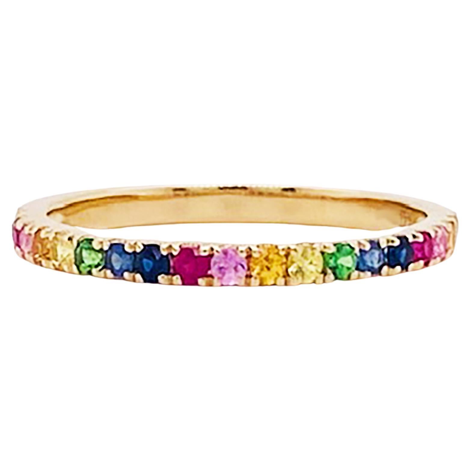 For Sale:  Rainbow Gemstone Ring 14K Gold Multicolor Stackable Band Sapphires & More