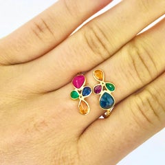 Rainbow Gemstone Ring in 18 Karat Gold Adjustable, Ruby, Sapphire, Emerald 18kt