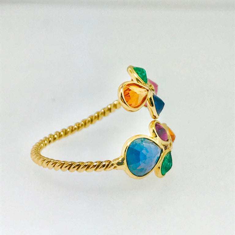 Modern Rainbow Gemstone Ring in 18 Karat Gold Adjustable, Ruby, Sapphire, Emerald 18kt For Sale