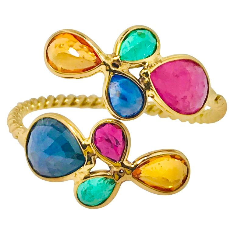 Modern Rainbow Gemstone Ring in 18 Karat Gold Adjustable, Ruby, Sapphire, Emerald 18kt