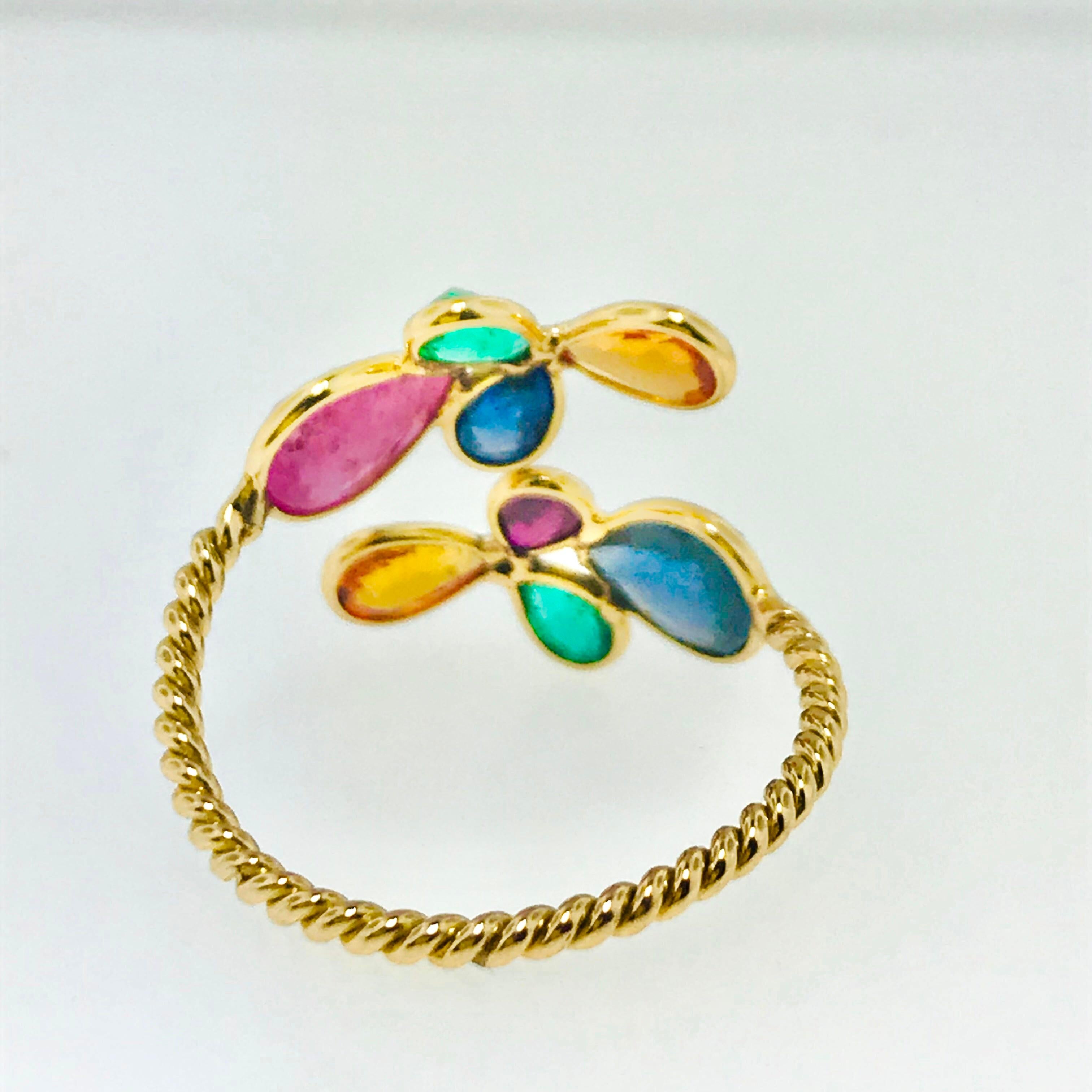 Pear Cut Rainbow Gemstone Ring in 18 Karat Gold Adjustable, Ruby, Sapphire, Emerald 18kt