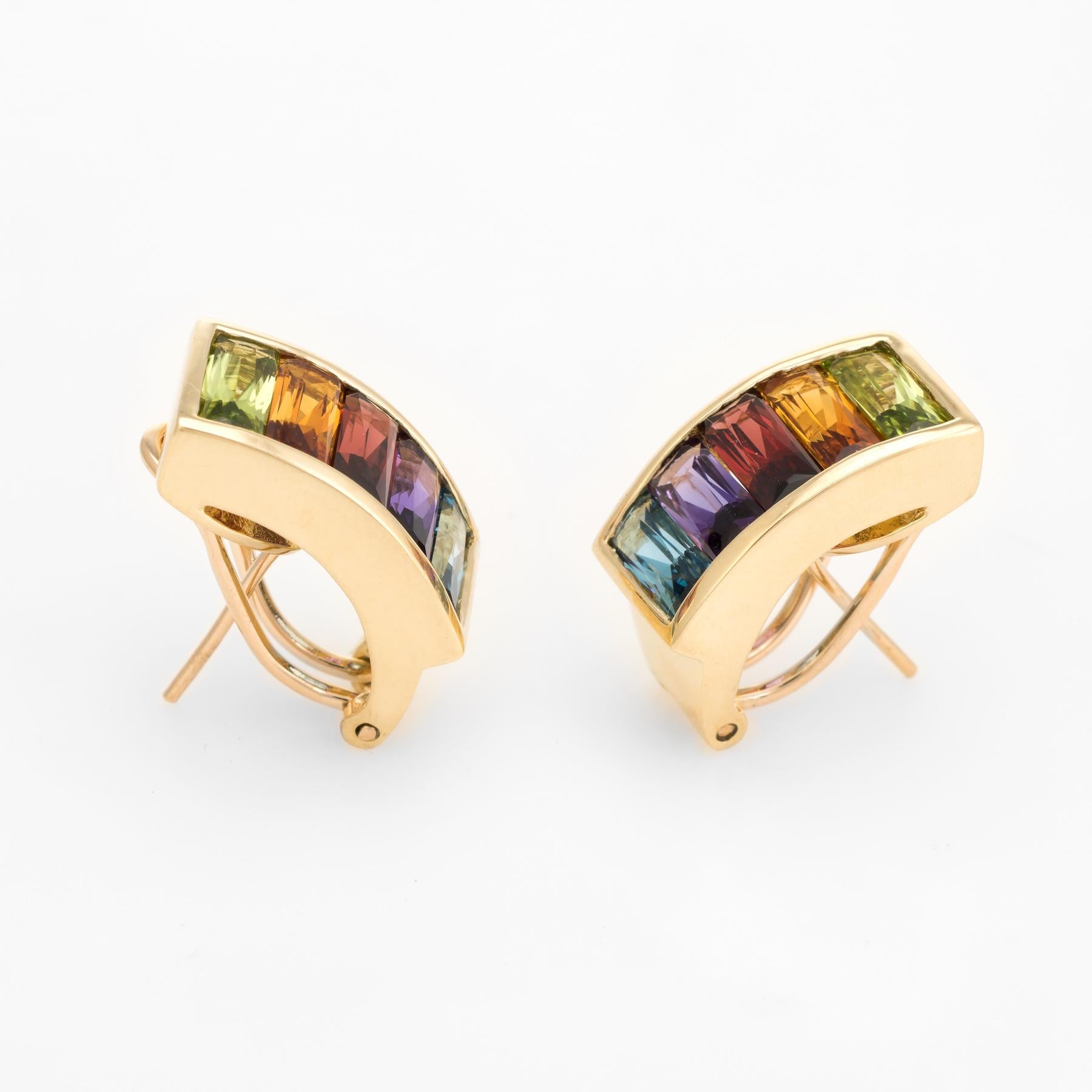 Finely detailed pair of rainbow semi precious gemstone earrings, crafted in 18k yellow gold. 

Rectangular cut faceted citrine, garnet, amethyst, blue topaz and peridot each measure 9mm x 4mm (estimated at 1.50 carats each - 15 carats total