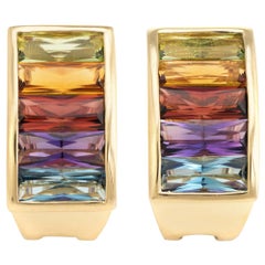 Rainbow Gemstone Semi Precious Earrings Vintage 18 Karat Gold Estate Jewelry