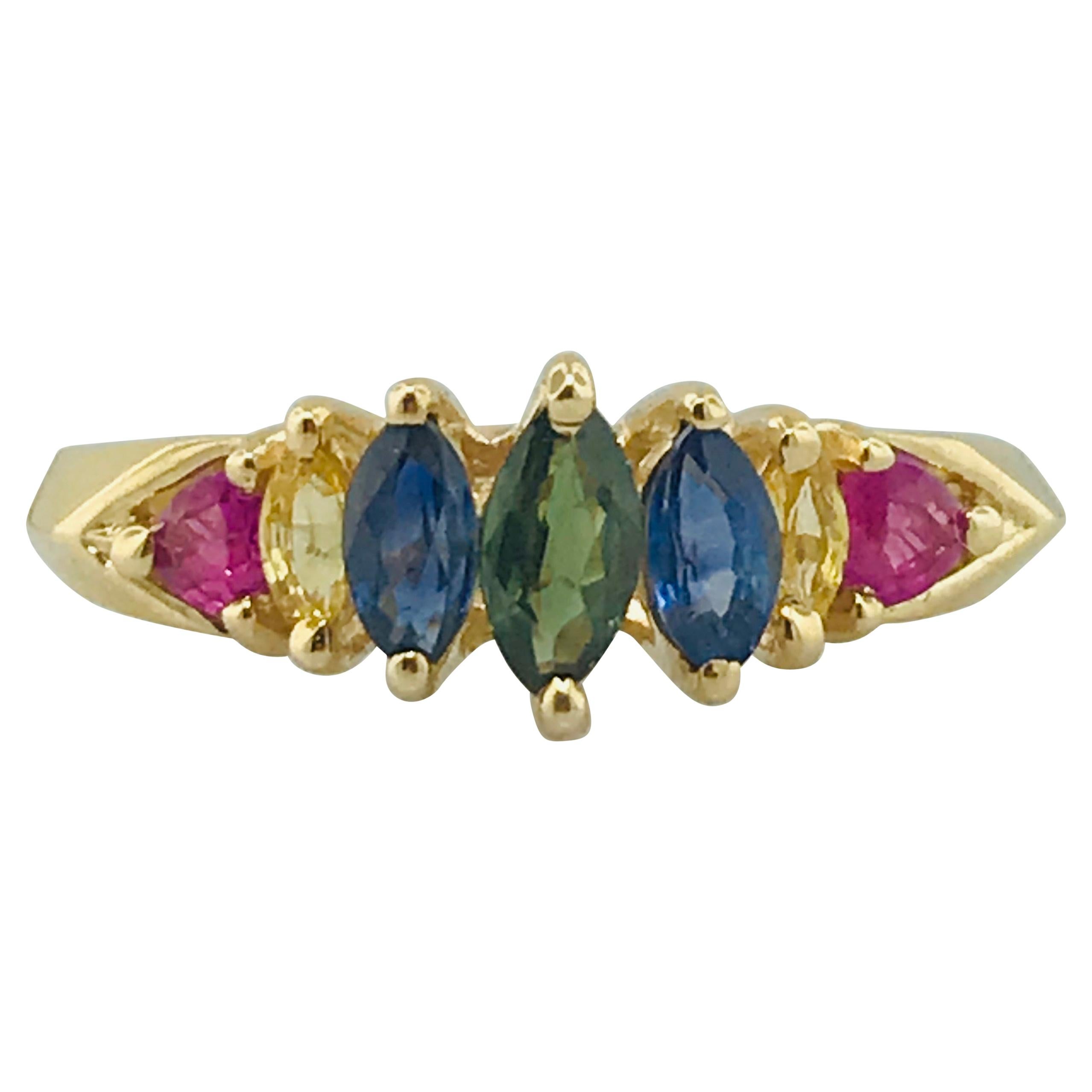 Rainbow Genuine Gemstone Sapphire and Ruby Estate Ring in 14 Karat Yellow Gold