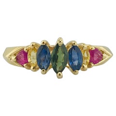 Vintage Rainbow Genuine Gemstone Sapphire and Ruby Estate Ring in 14 Karat Yellow Gold