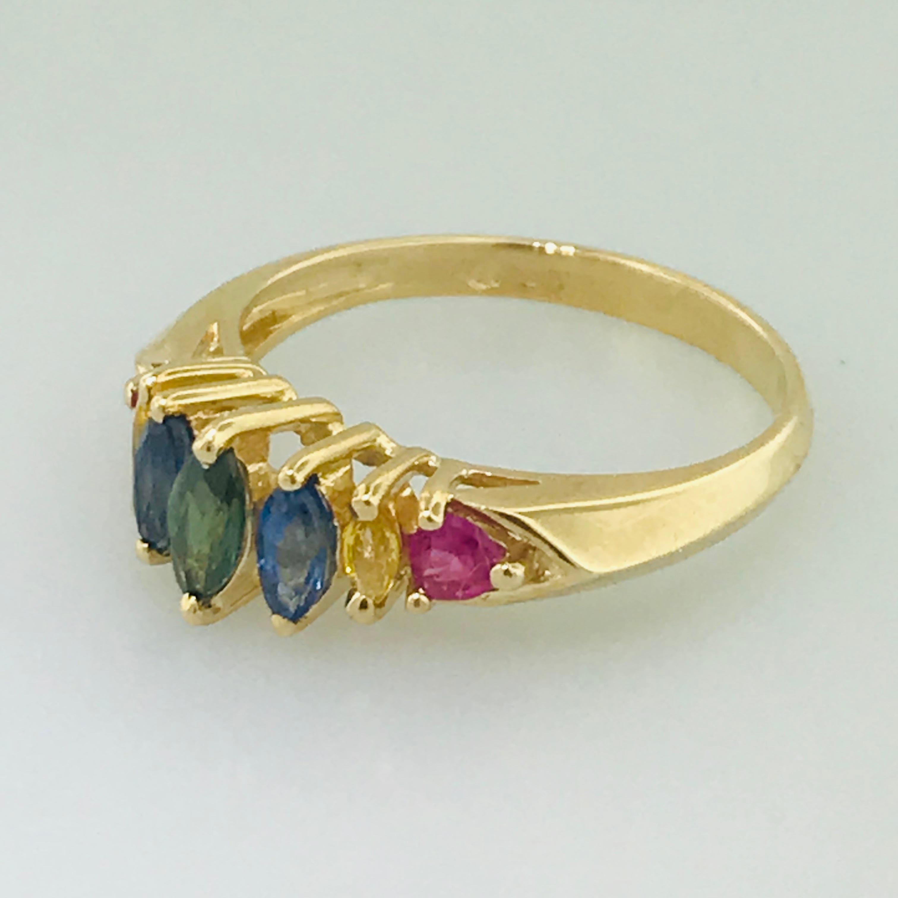 Marquise Cut Rainbow Genuine Gemstone Sapphire and Ruby Estate Ring in 14 Karat Yellow Gold