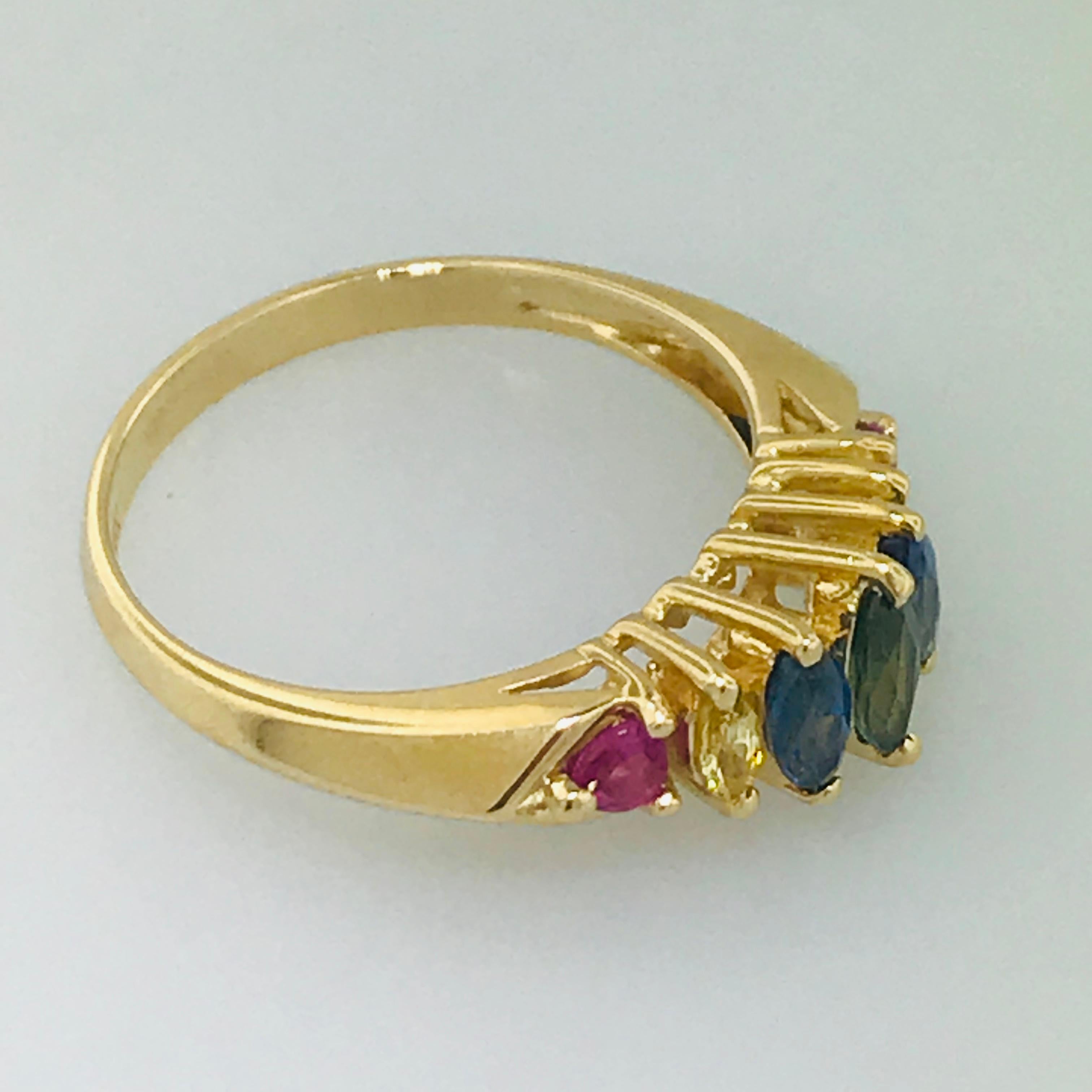Rainbow Genuine Gemstone Sapphire and Ruby Estate Ring in 14 Karat Yellow Gold 1