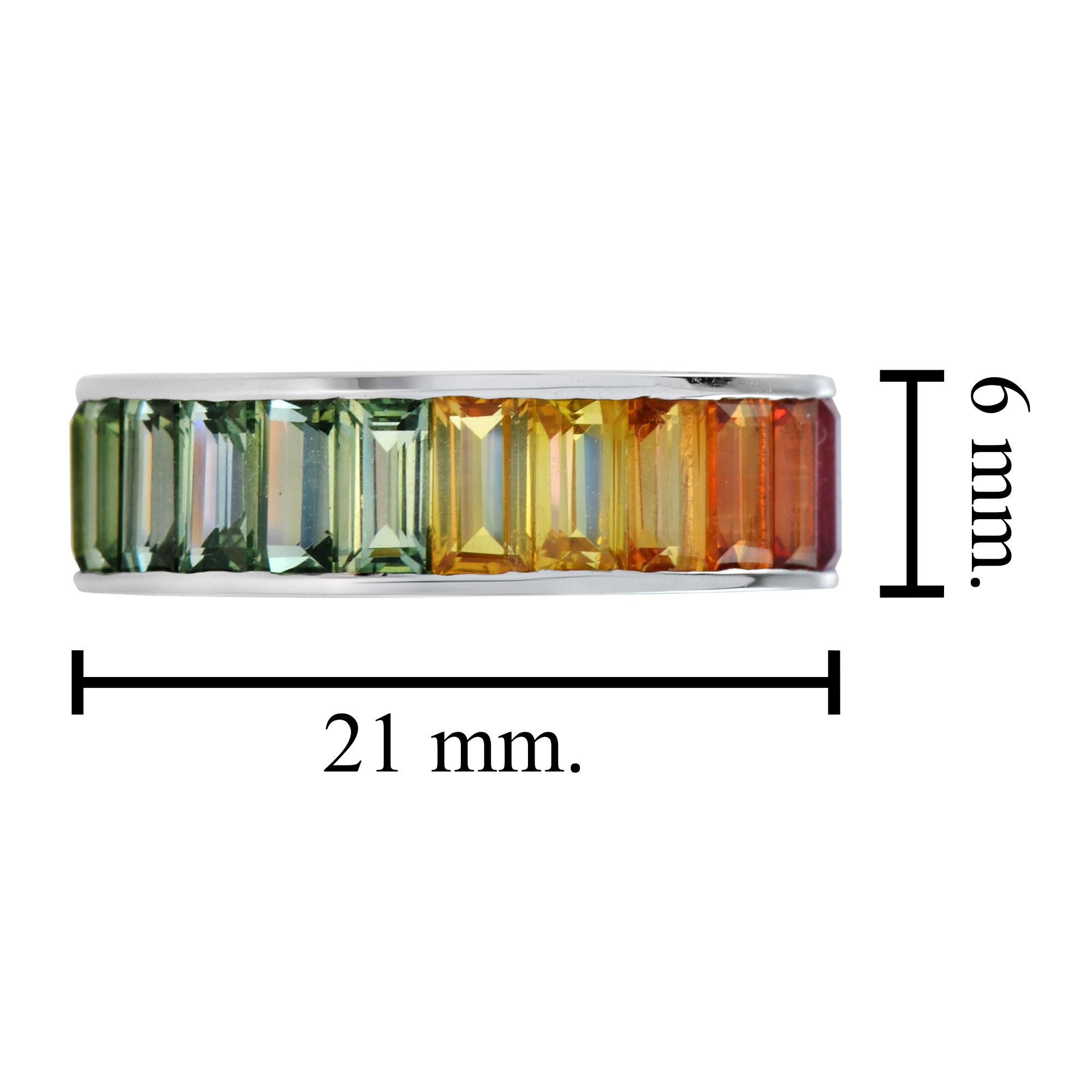 Rainbow Graduating Multicolor Baguette Sapphires Eternity Band White Gold Ring in vendita 6