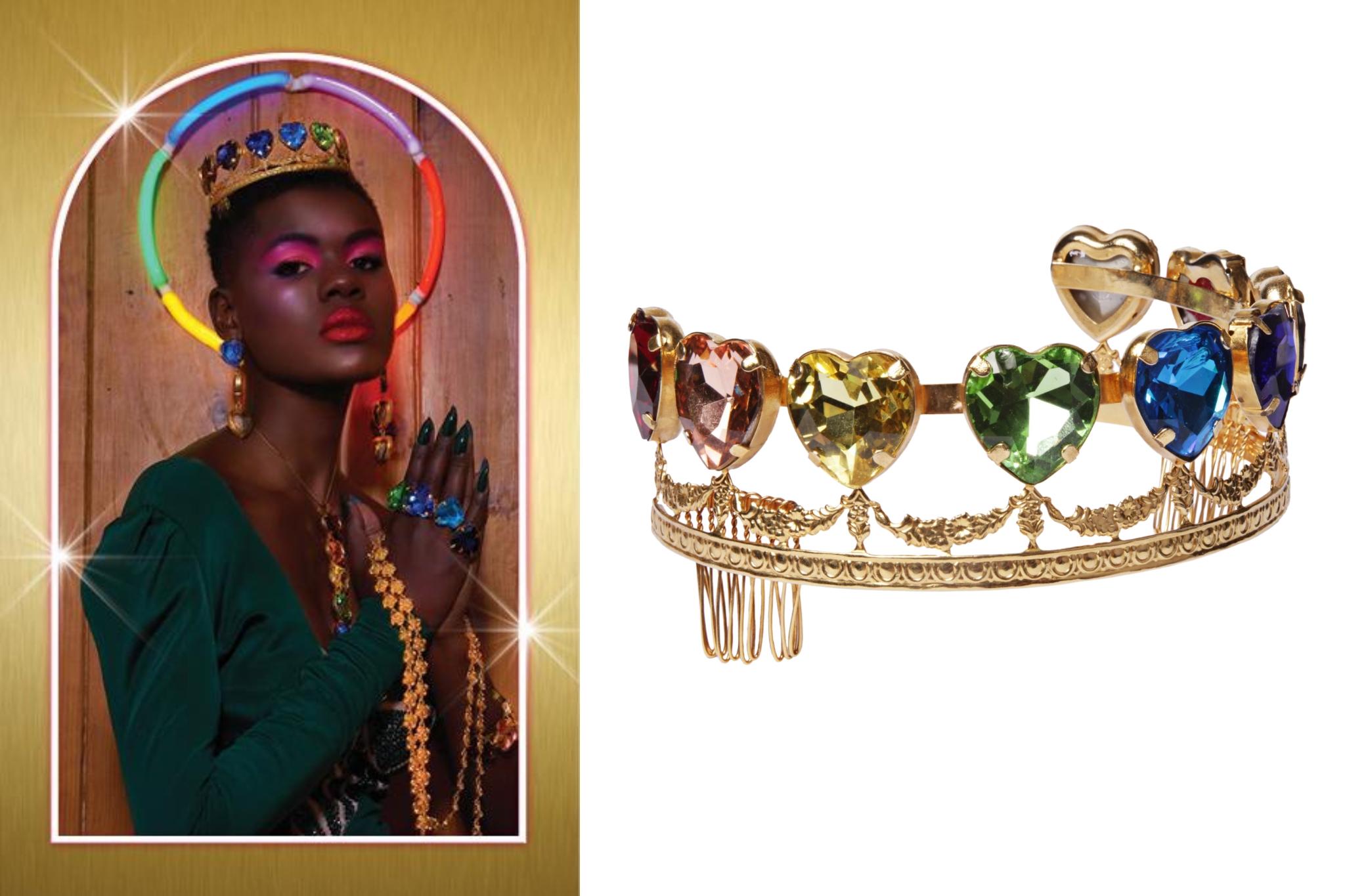 Modern Rainbow Heart Crystal Tiara in 24k Gold-Plated Brass For Sale