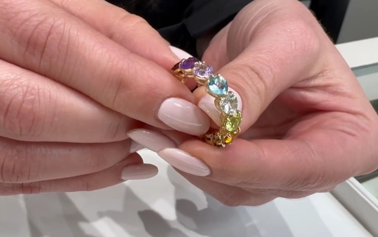 Rainbow Heart Shaped Eternity Ring in 14K Yellow Gold For Sale 4