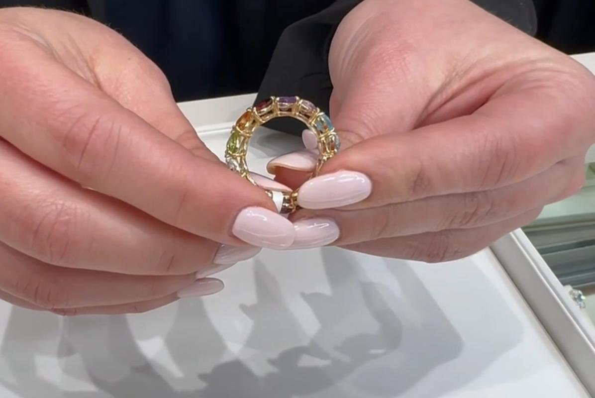Rainbow Heart Shaped Eternity Ring in 14K Yellow Gold For Sale 3