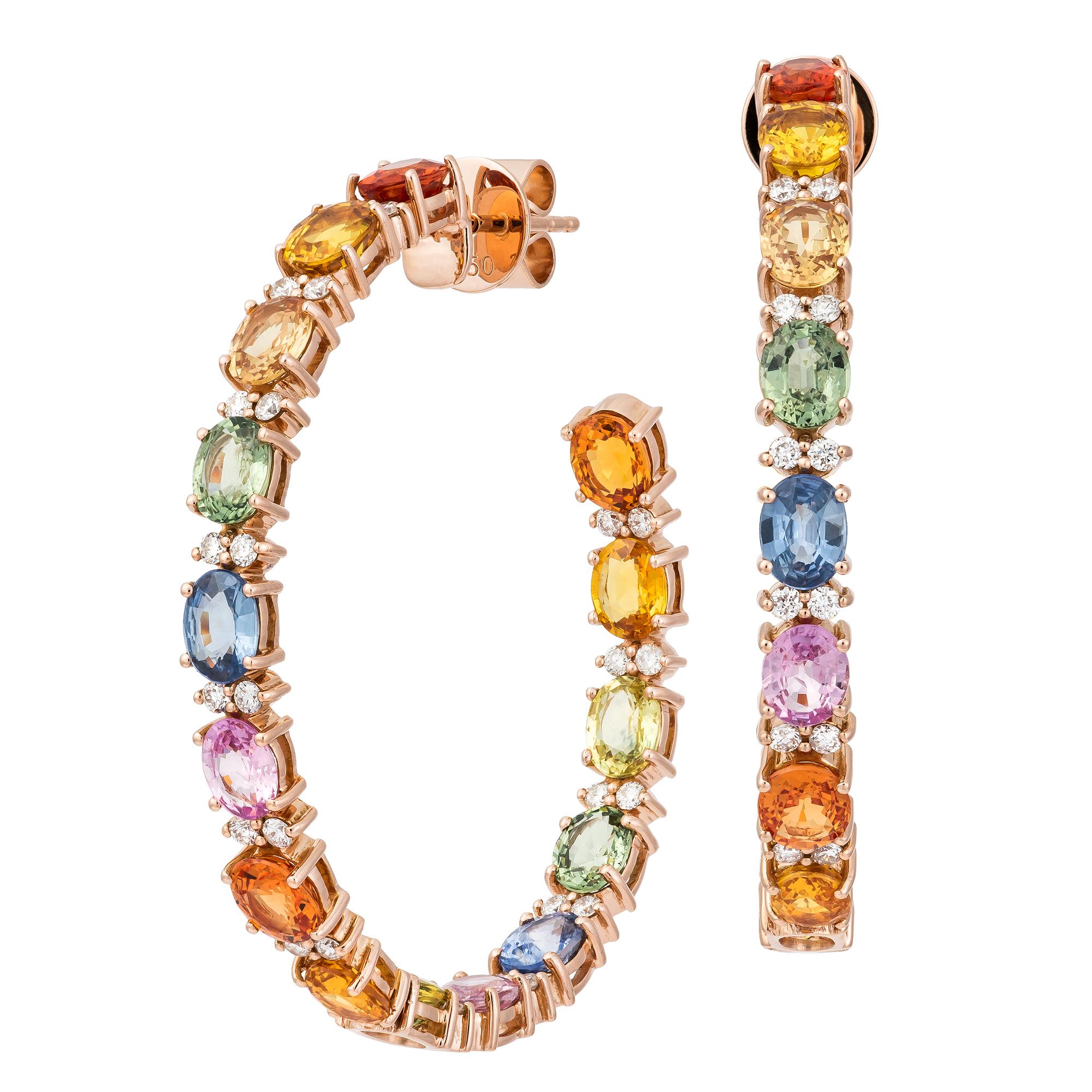 Modern Rainbow Hoop Multi Sapphire Pink Gold 18K Earrings Diamond for Her For Sale