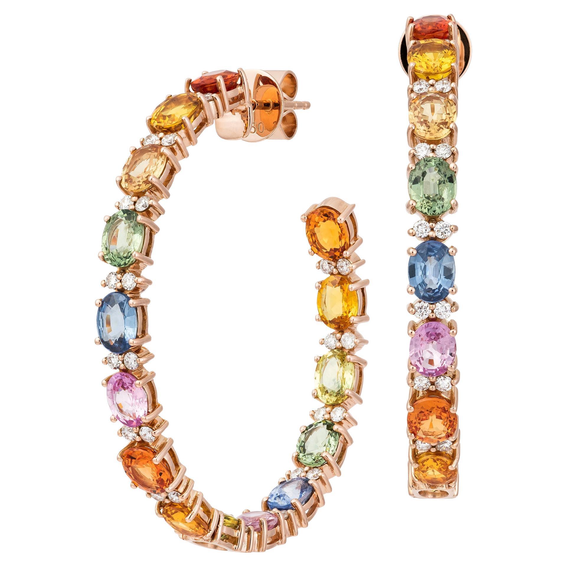 Rainbow Hoop Multi Sapphire Pink Gold 18K Earrings Diamond for Her For Sale