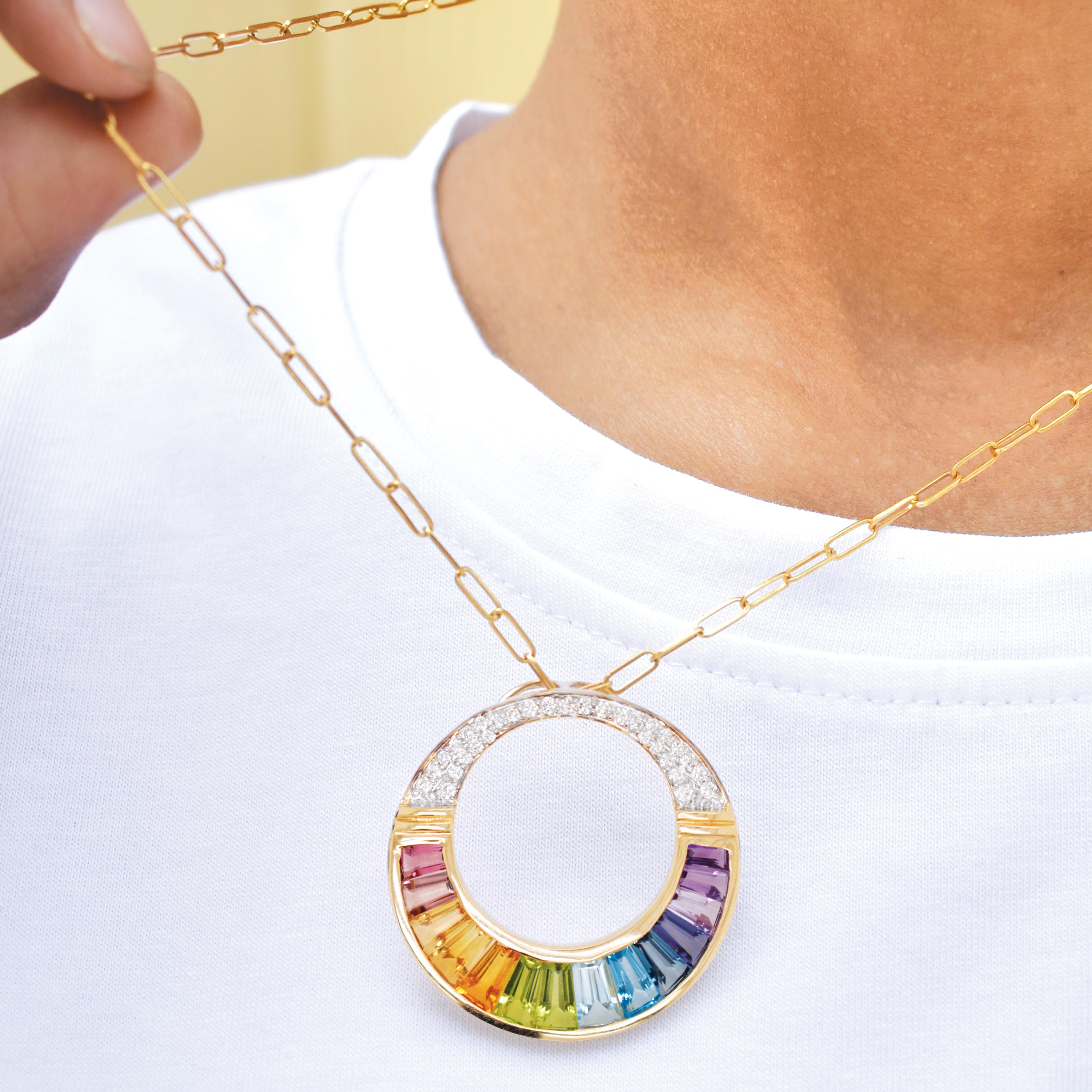 Art déco Pendentif Arc-en-ciel Iolite Améthyste Topaze bleue Péridot Citrine Tourmaline rose Or en vente