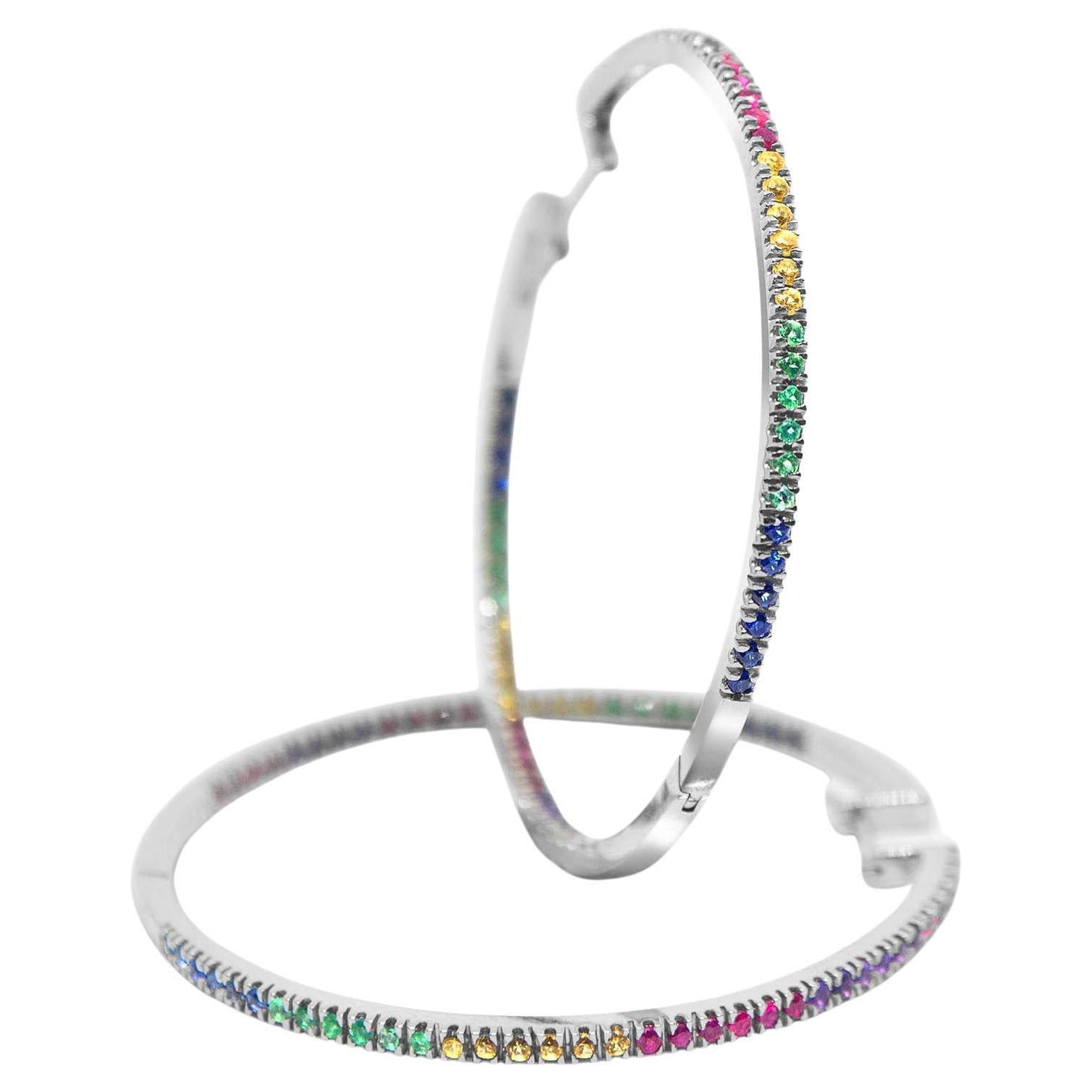 Rainbow Large Hoop Earrings in White Gold and Precious Stones For Sale